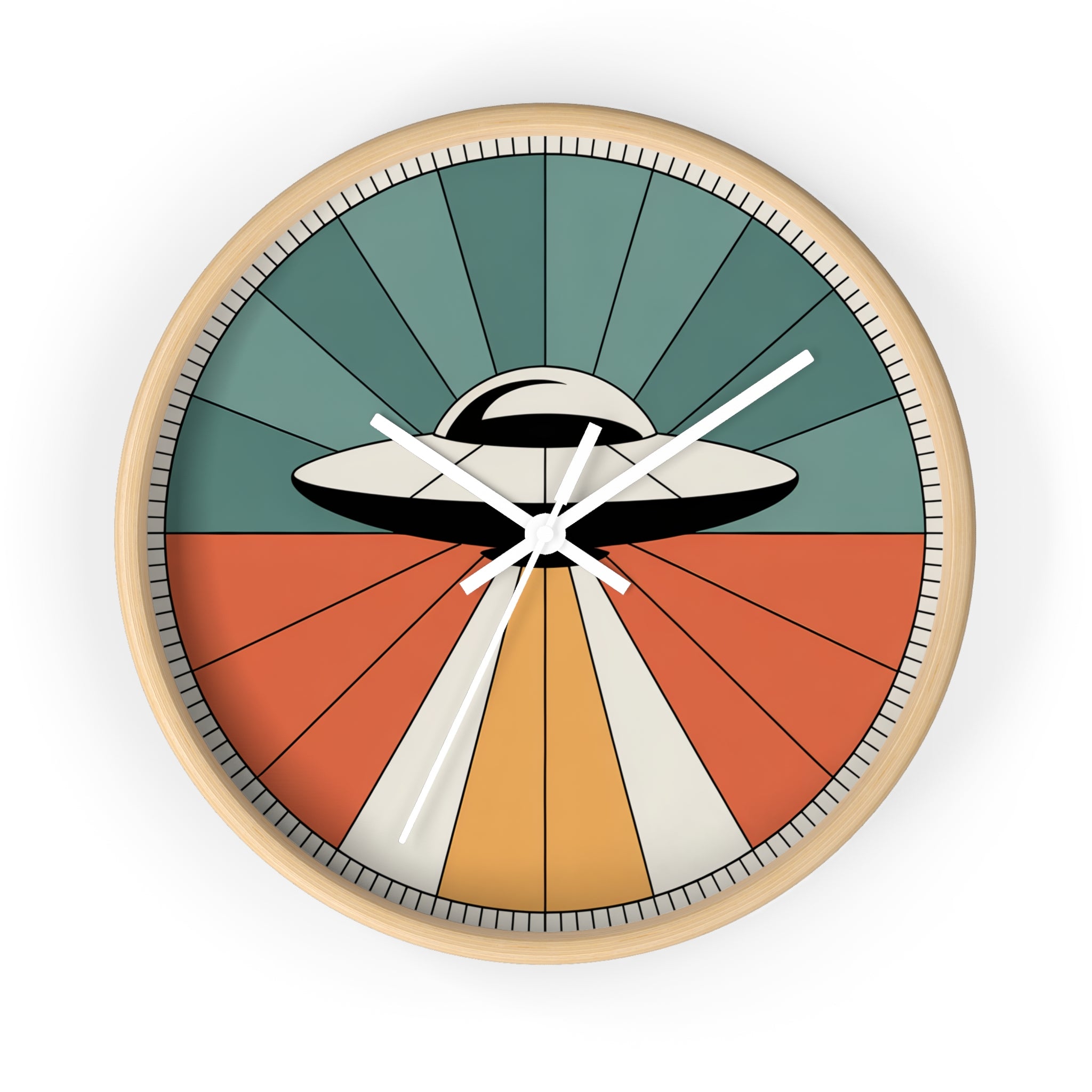 Mid Century Modern Clock, UFO Sunburst Wall Clock, 1950s Space Age Poster Style, Teal Orange Retro Sci Fi Decor, Atomic Starburst Dial