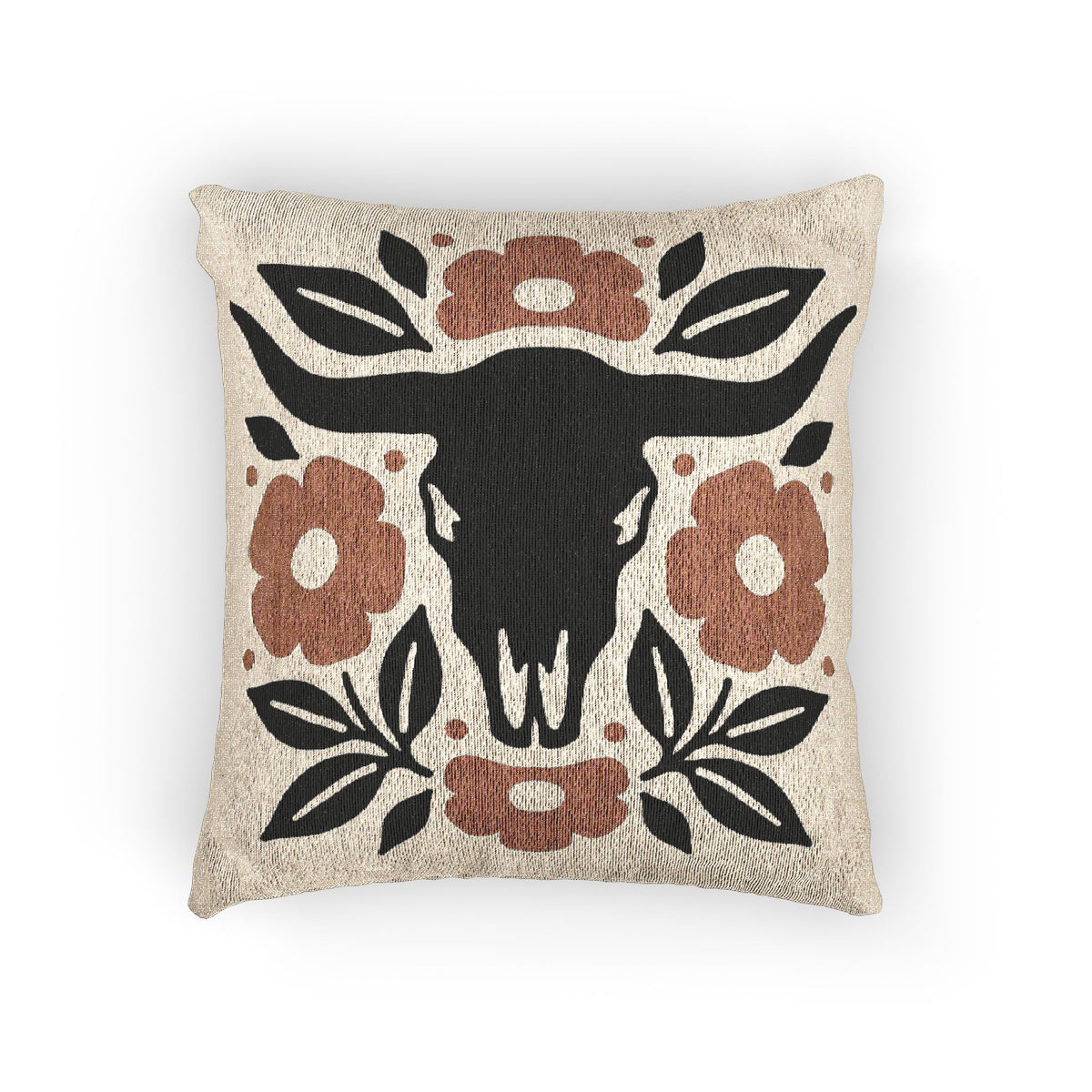 Longhorn skull and rust floral Western woven pillow