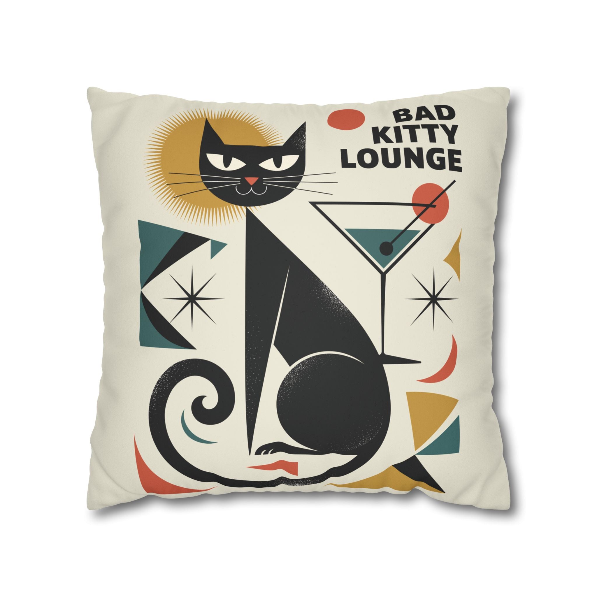 Bad Kitty Mid Century Modern | Art Deco Faux Suede Square Pillowcase | Retro Cat Accent