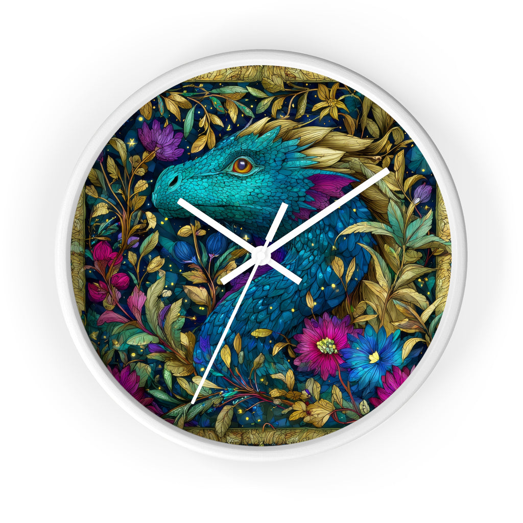 Stained-Glass Dragon Night Garden Wall Clock | Ornate Jewel-Tone Botanical