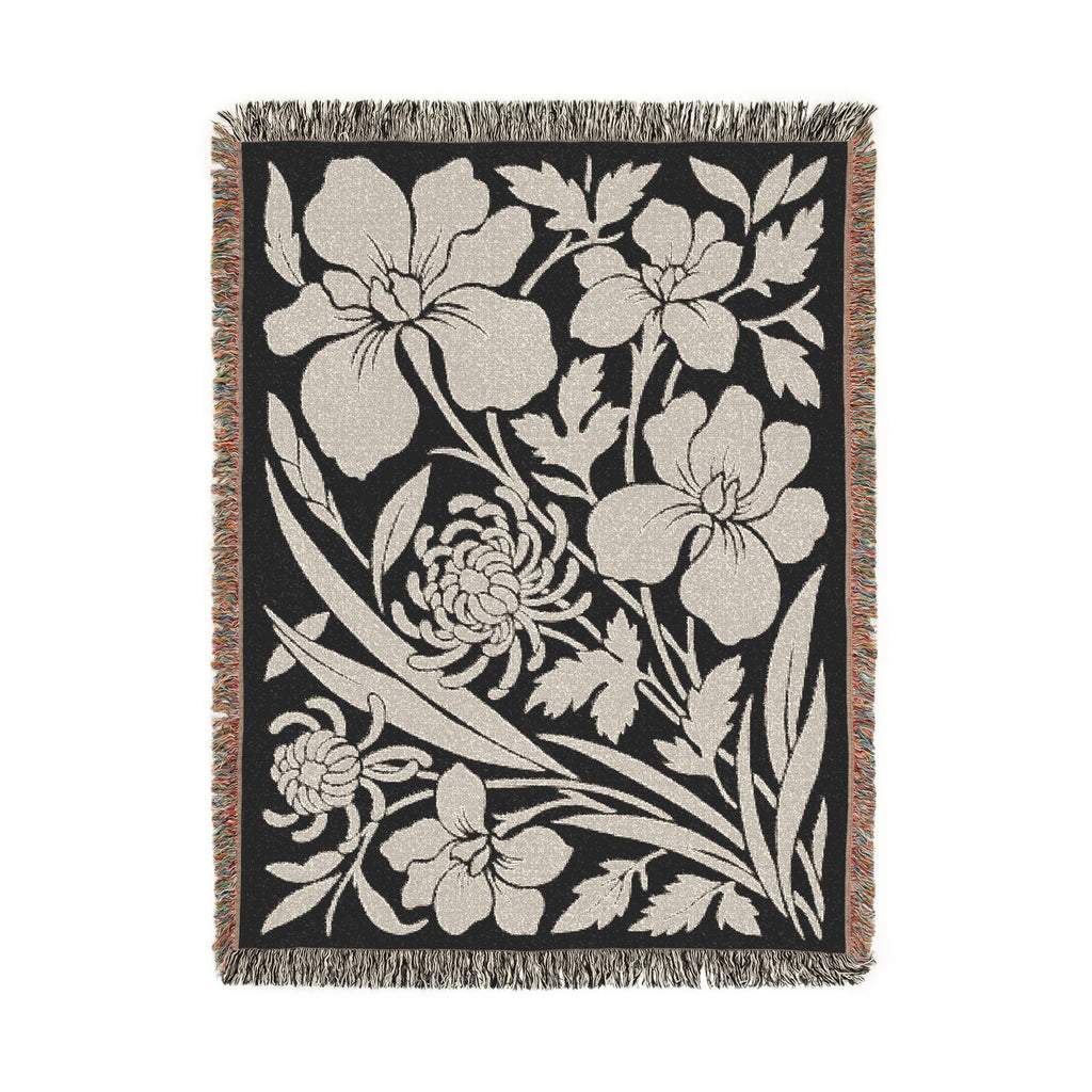 Neutral Japanese-Inspired Midnight Botanicals Floral Pattern Woven Blanket | Botanical Throw, Fringe Edge