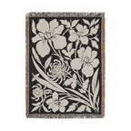 Neutral Japanese-Inspired Midnight Botanicals Floral Pattern Woven Blanket | Botanical Throw, Fringe Edge