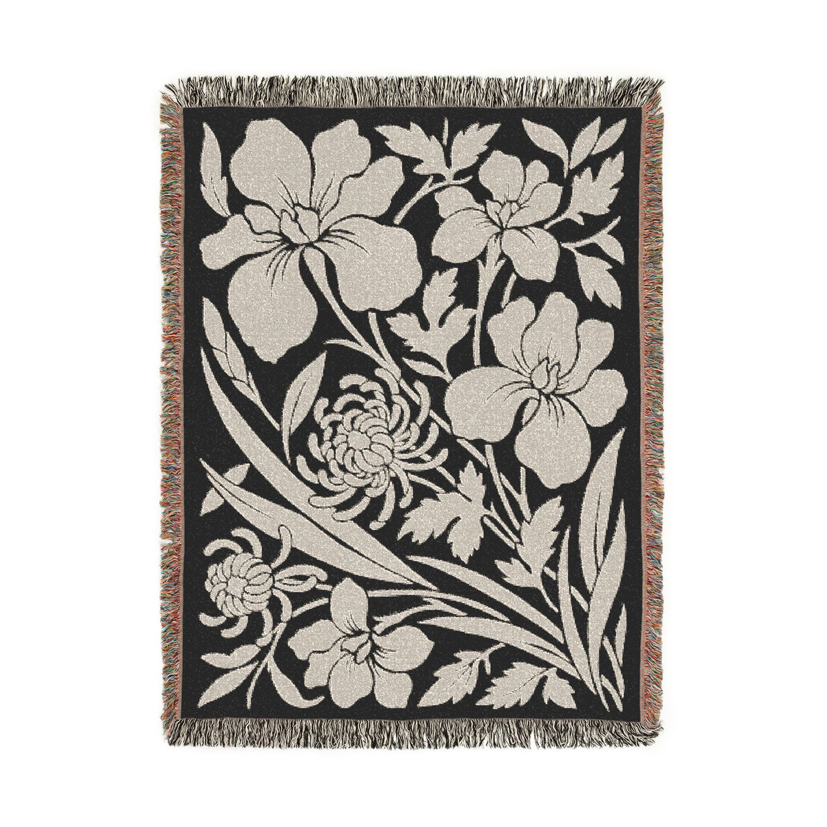Neutral Japanese-Inspired Midnight Botanicals Floral Pattern Woven Blanket | Botanical Throw, Fringe Edge