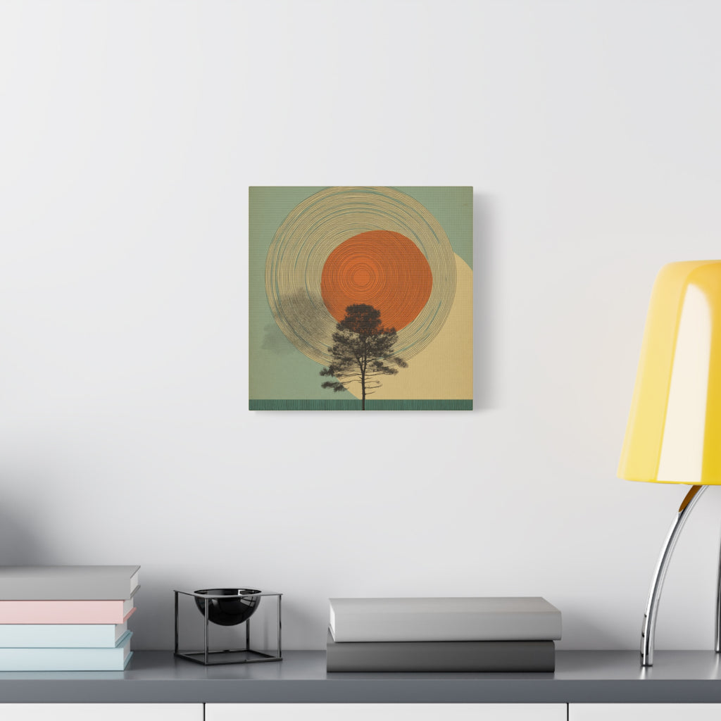 Tree Ring Wall Art | Mid Century Wall Art | Abstract Canvas Of Sun And Tree Nature Landscape