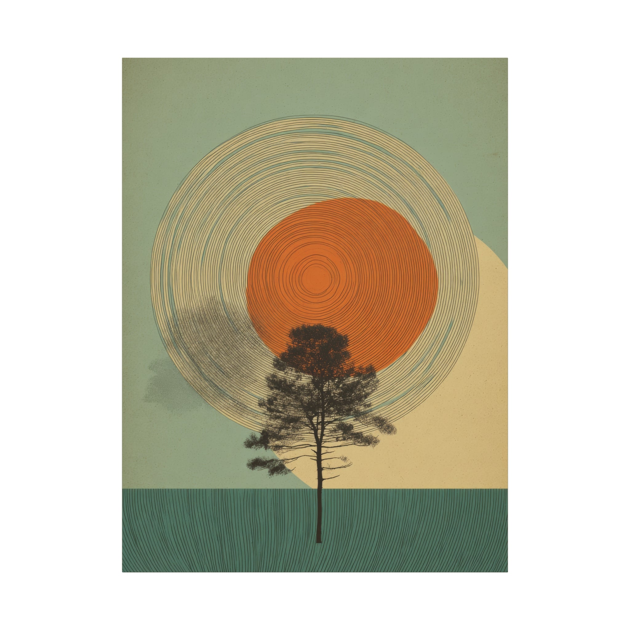 Tree Ring Wall Art | Mid Century Wall Art | Abstract Canvas Of Sun And Tree Nature Landscape