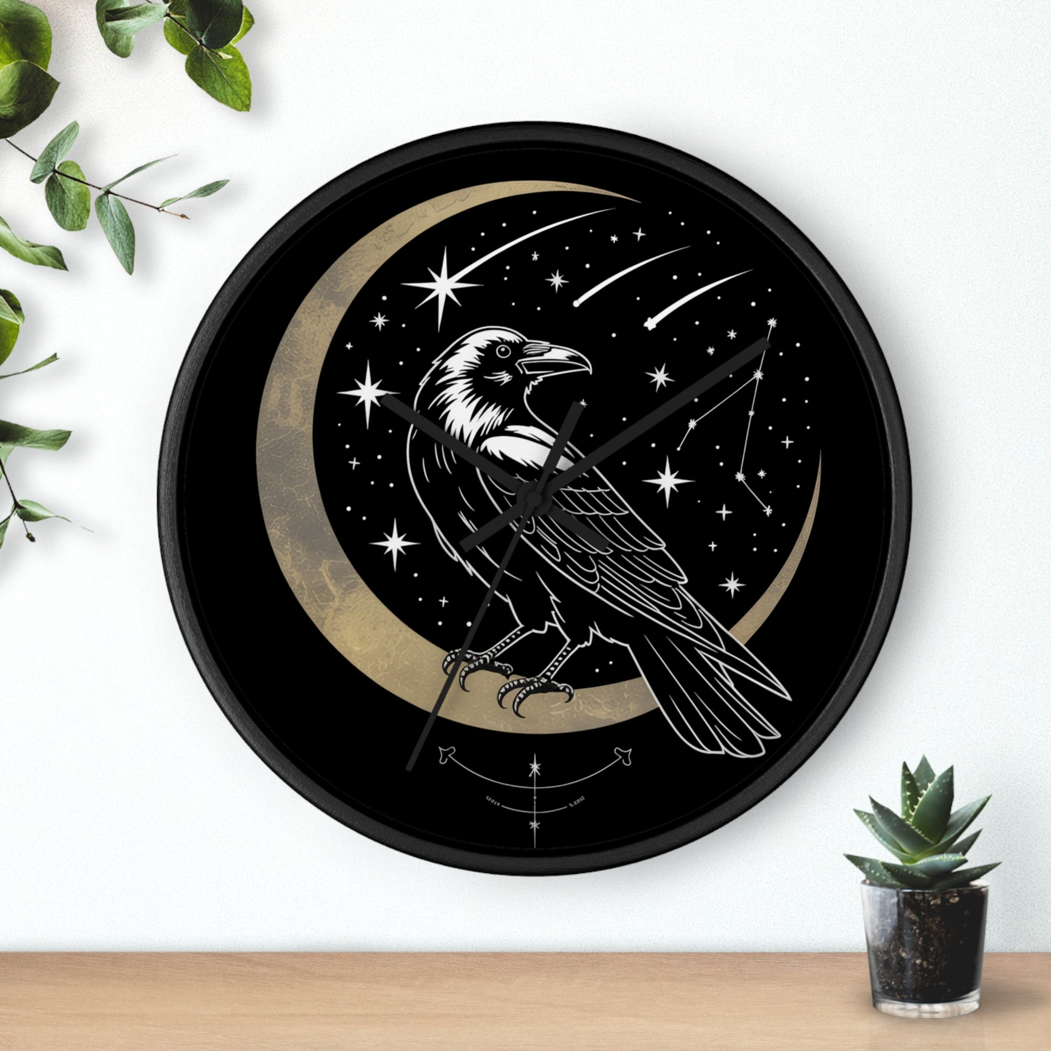 Raven Crescent Moon Wall Clock | Gothic Celestial Stars, Witchy Dark Academia