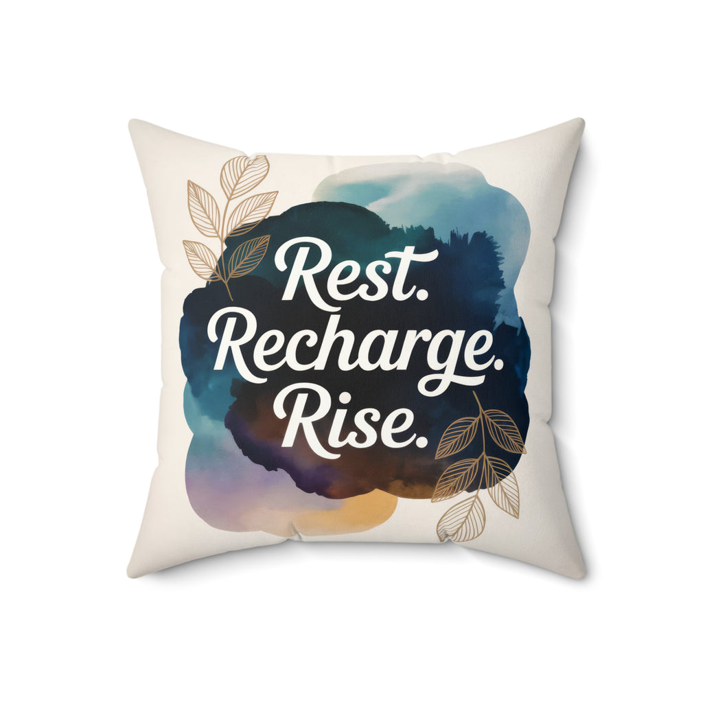 Rest Recharge Rise motivational pillow