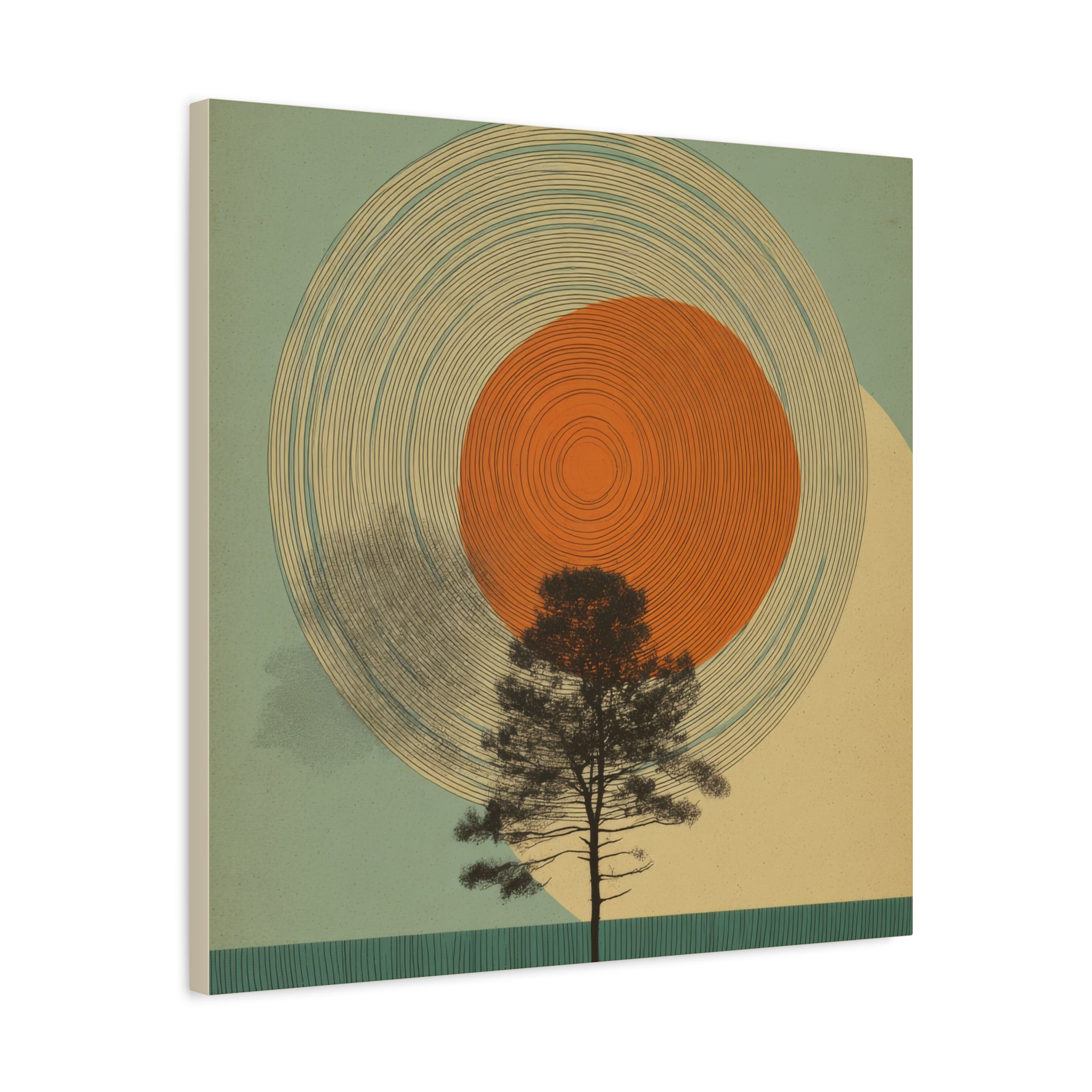 Tree Ring Wall Art | Mid Century Wall Art | Abstract Canvas Of Sun And Tree Nature Landscape