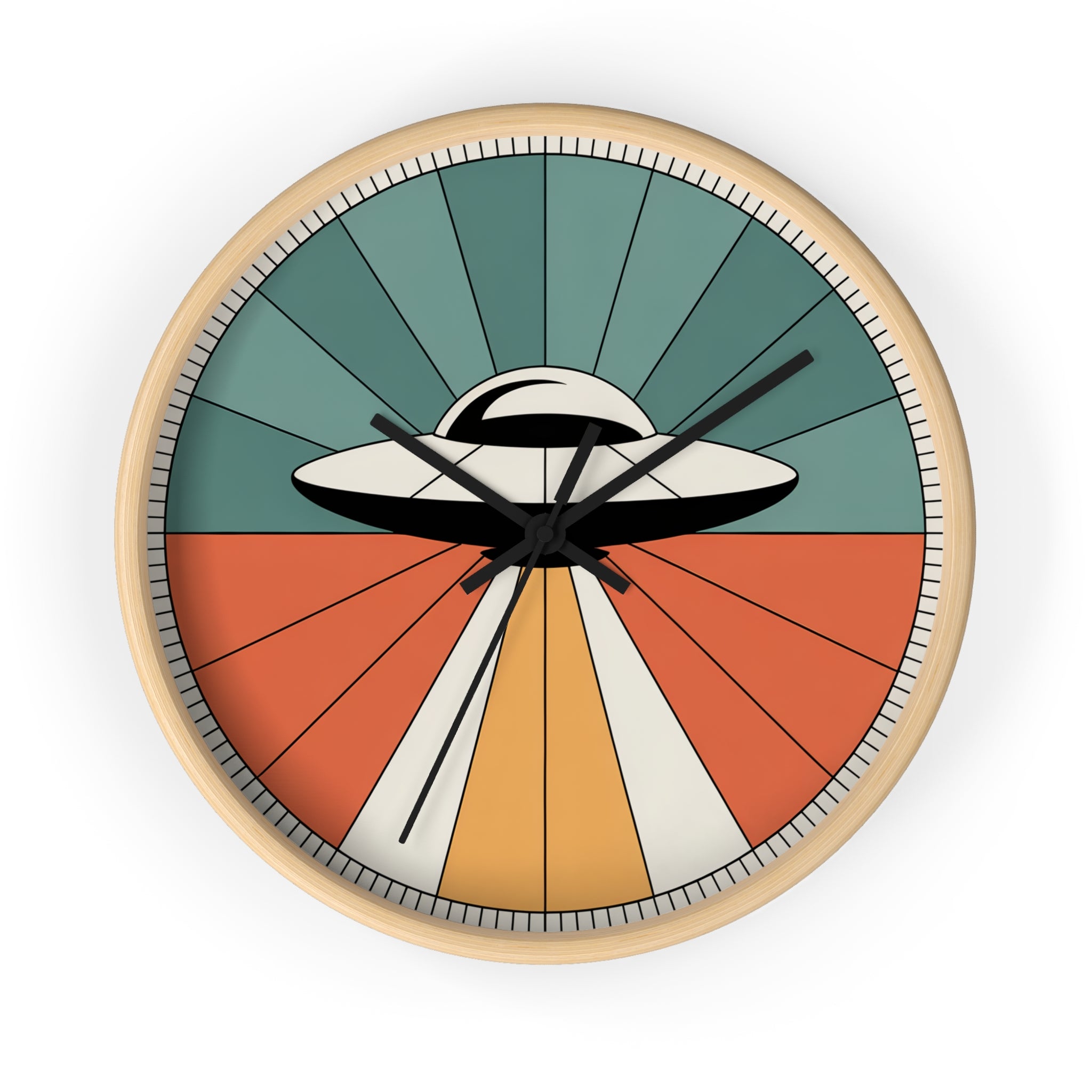 Mid Century Modern Clock, UFO Sunburst Wall Clock, 1950s Space Age Poster Style, Teal Orange Retro Sci Fi Decor, Atomic Starburst Dial