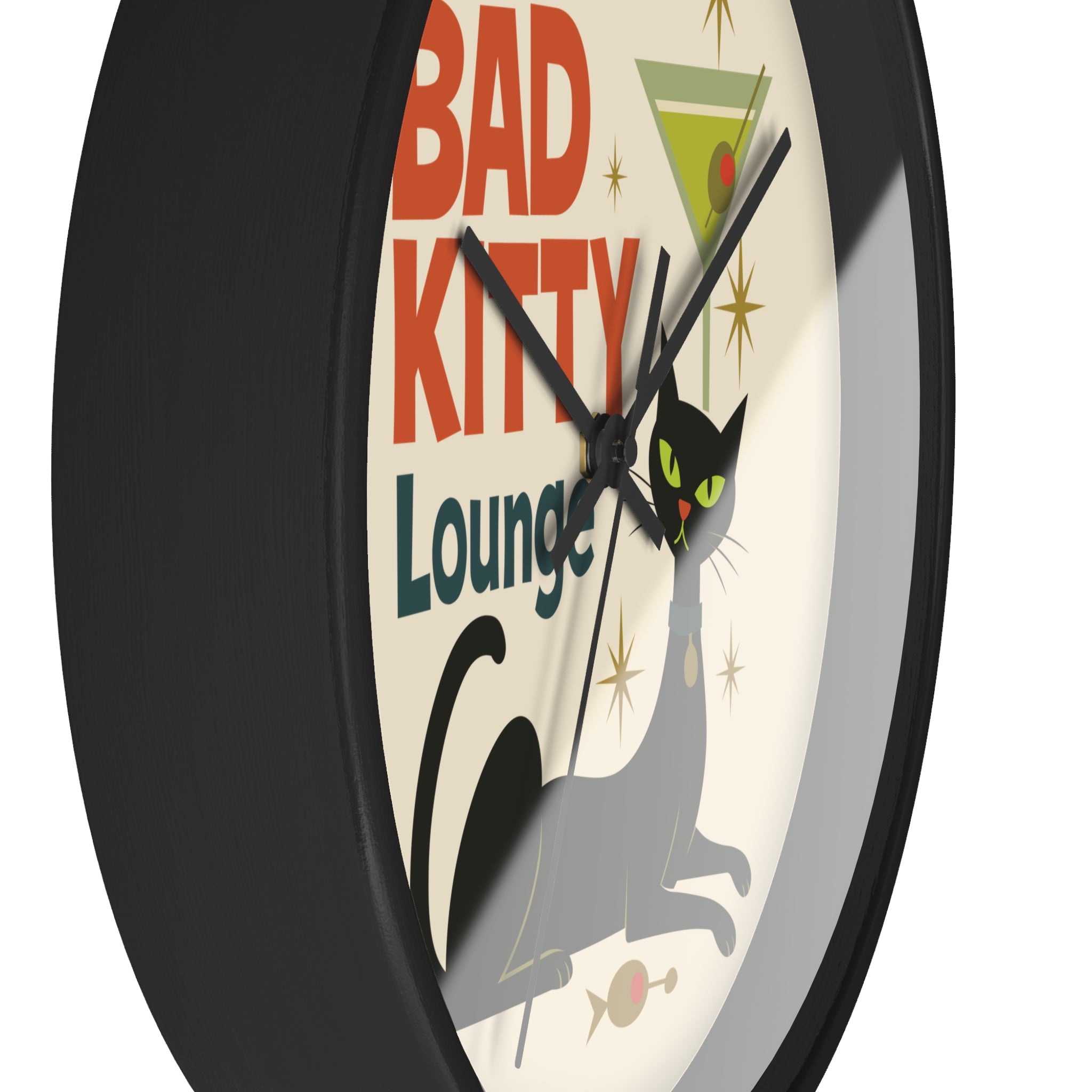 Bad Kitty Lounge Wall Clock | Mid Century Cat Martini Retro Kitchen Decor