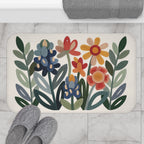 Large Texas wildflower bath mat with bluebonnet floral artwork beside a shower