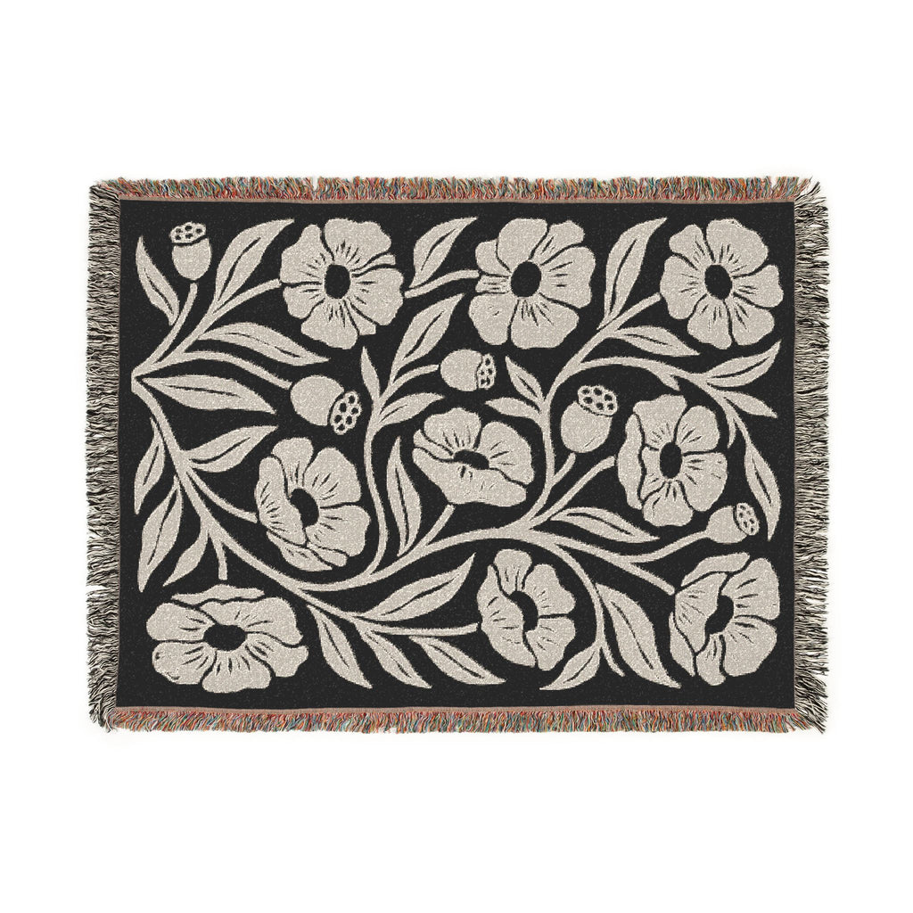 Black & Cream Oversized Poppy Woven Blanket | Floral Throw