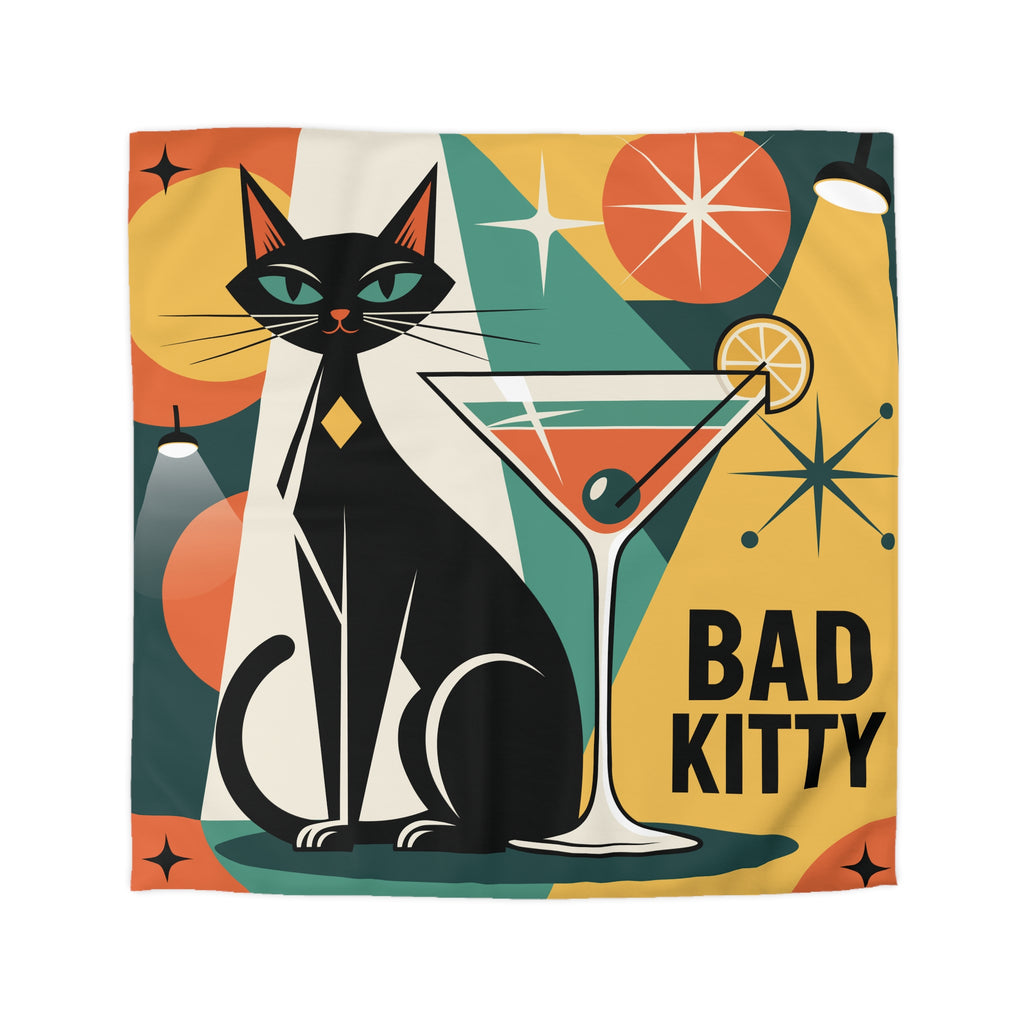 Atomic Black Cat Duvet Cover | Mid Century Modern Geometric 'Bad Kitty Lounge'