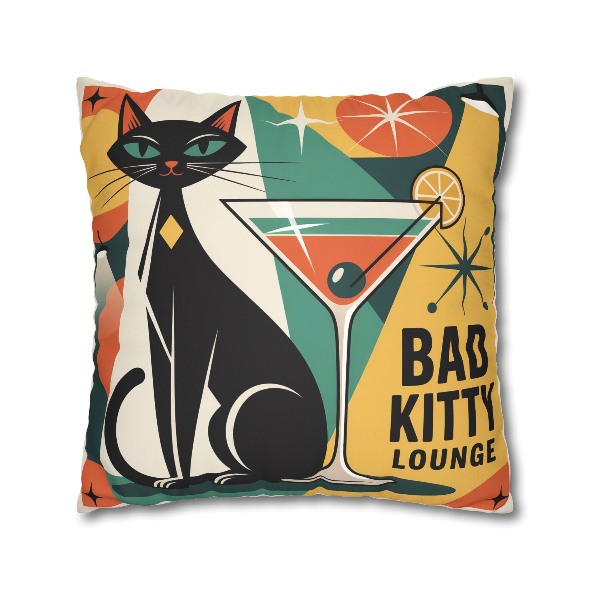 Bad Kitty Mid Century Modern Faux Suede Square Pillowcase | Retro Cat Accent