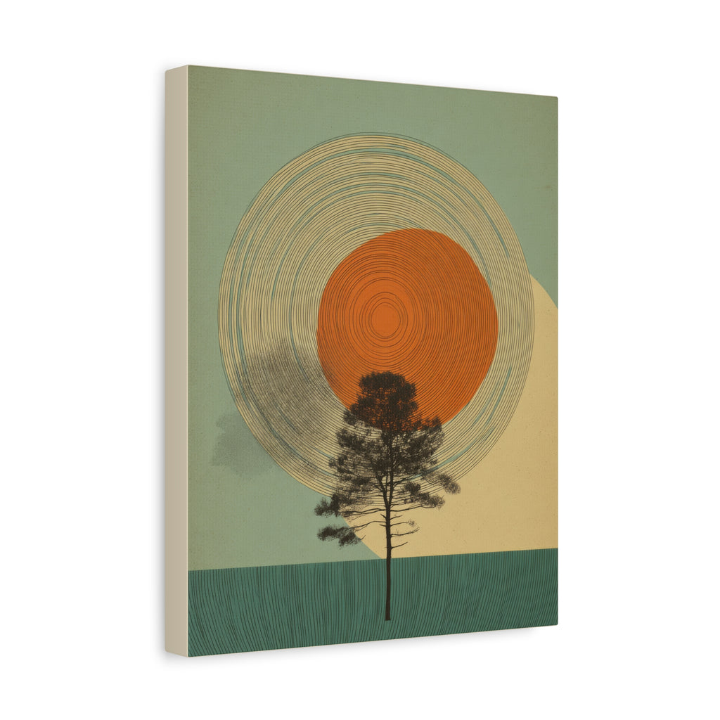 Tree Ring Wall Art | Mid Century Wall Art | Abstract Canvas Of Sun And Tree Nature Landscape
