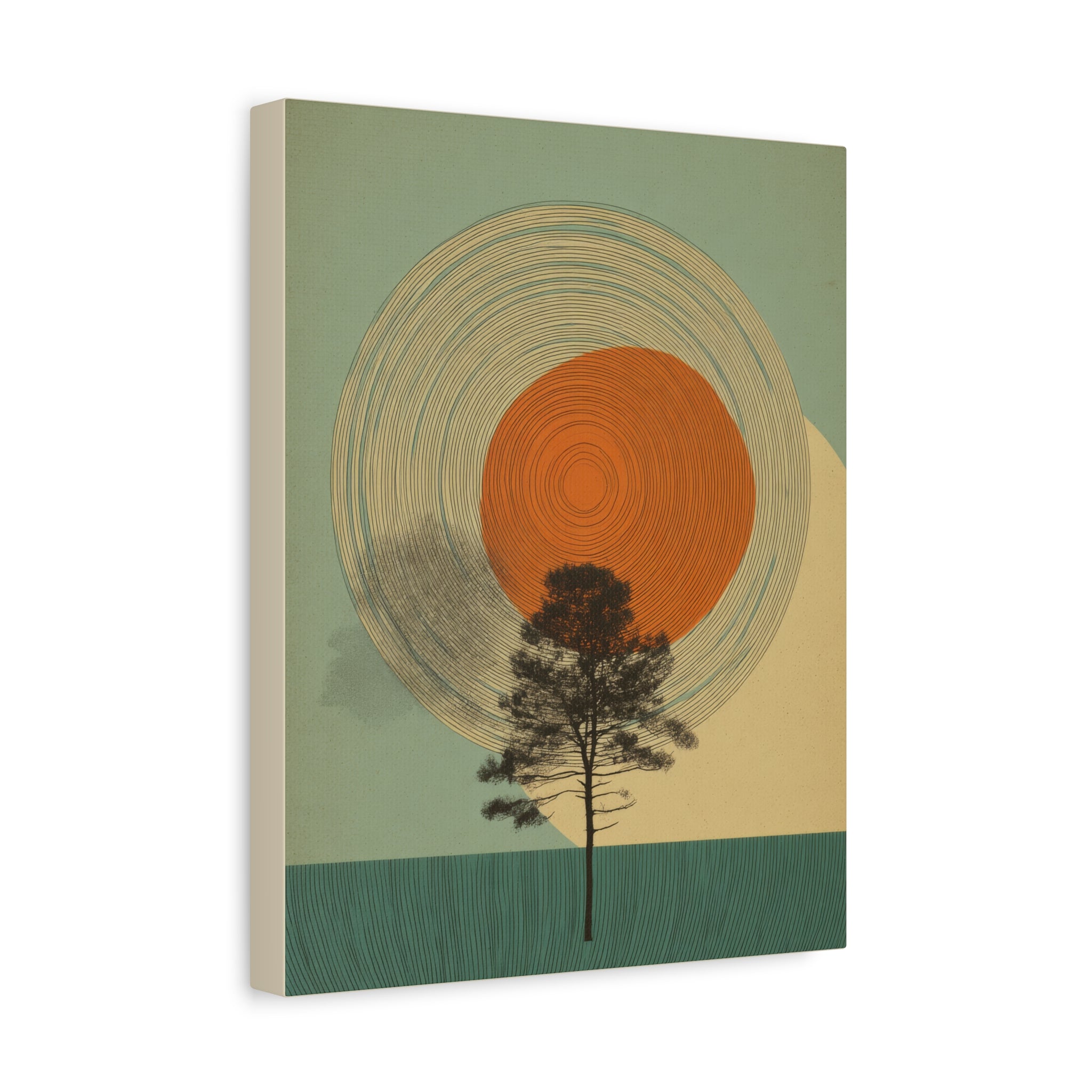 Tree Ring Wall Art | Mid Century Wall Art | Abstract Canvas Of Sun And Tree Nature Landscape