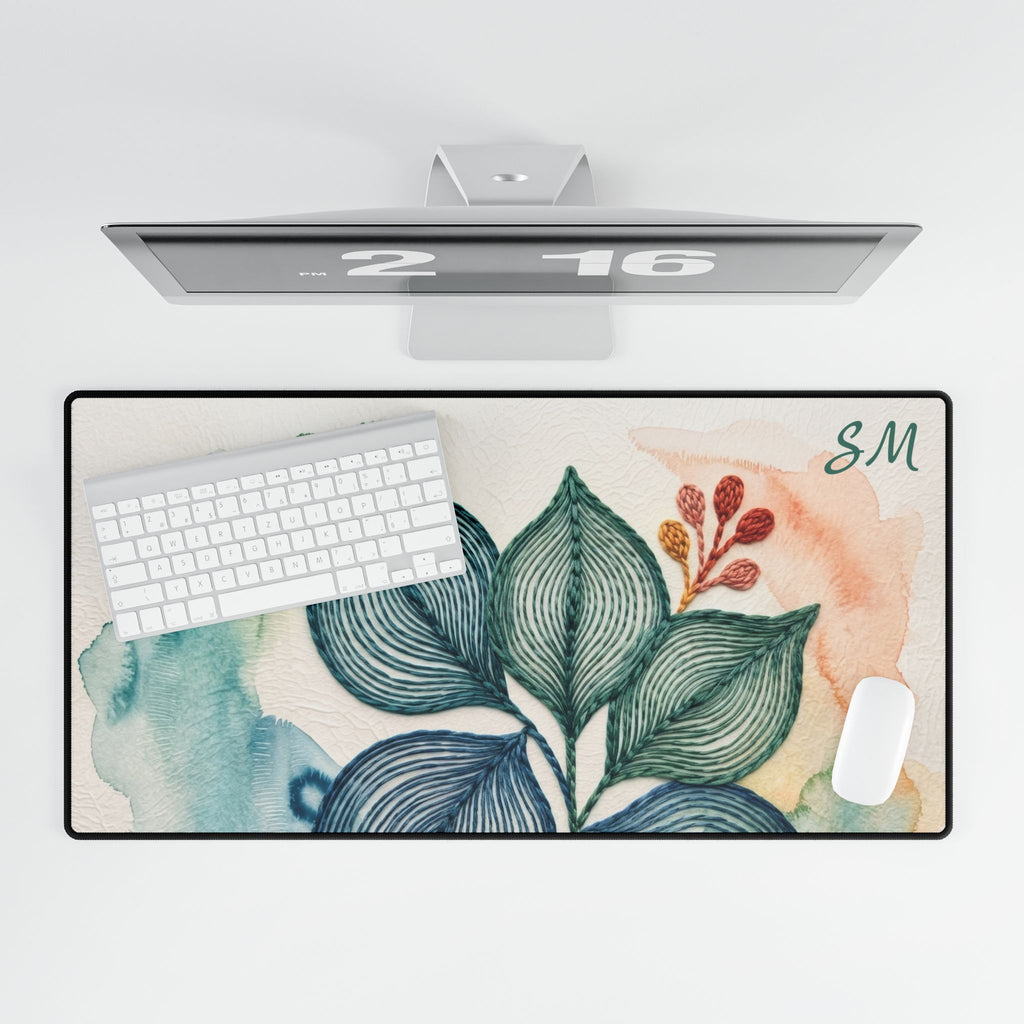 Abstract Leaf Desk Mat, Cubicle Decor, Blue Green Office Mouse Pad, Botanical Desk Accessory