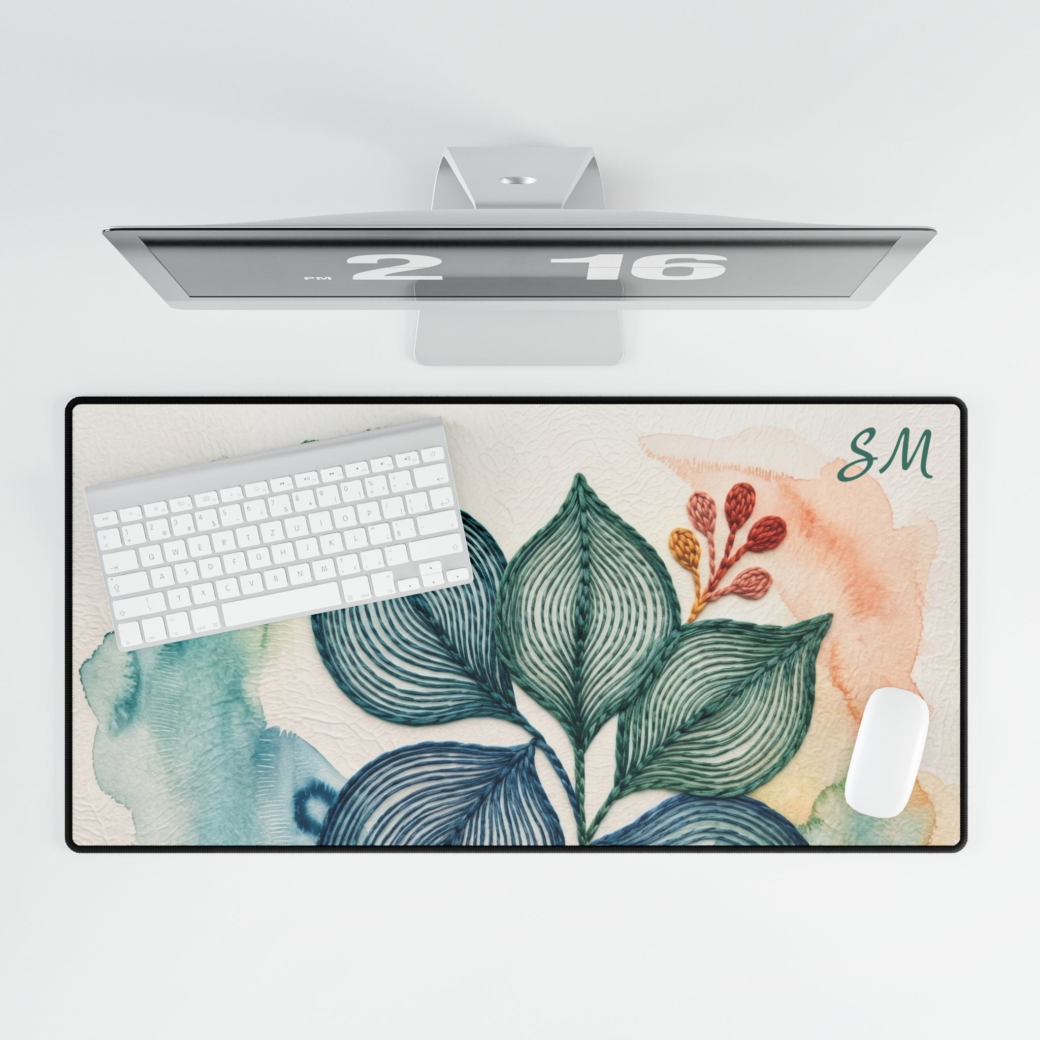 Abstract Leaf Desk Mat, Cubicle Decor, Blue Green Office Mouse Pad, Botanical Desk Accessory