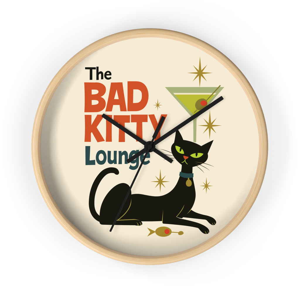 Bad Kitty Lounge Wall Clock | Mid Century Cat Martini Retro Kitchen Decor
