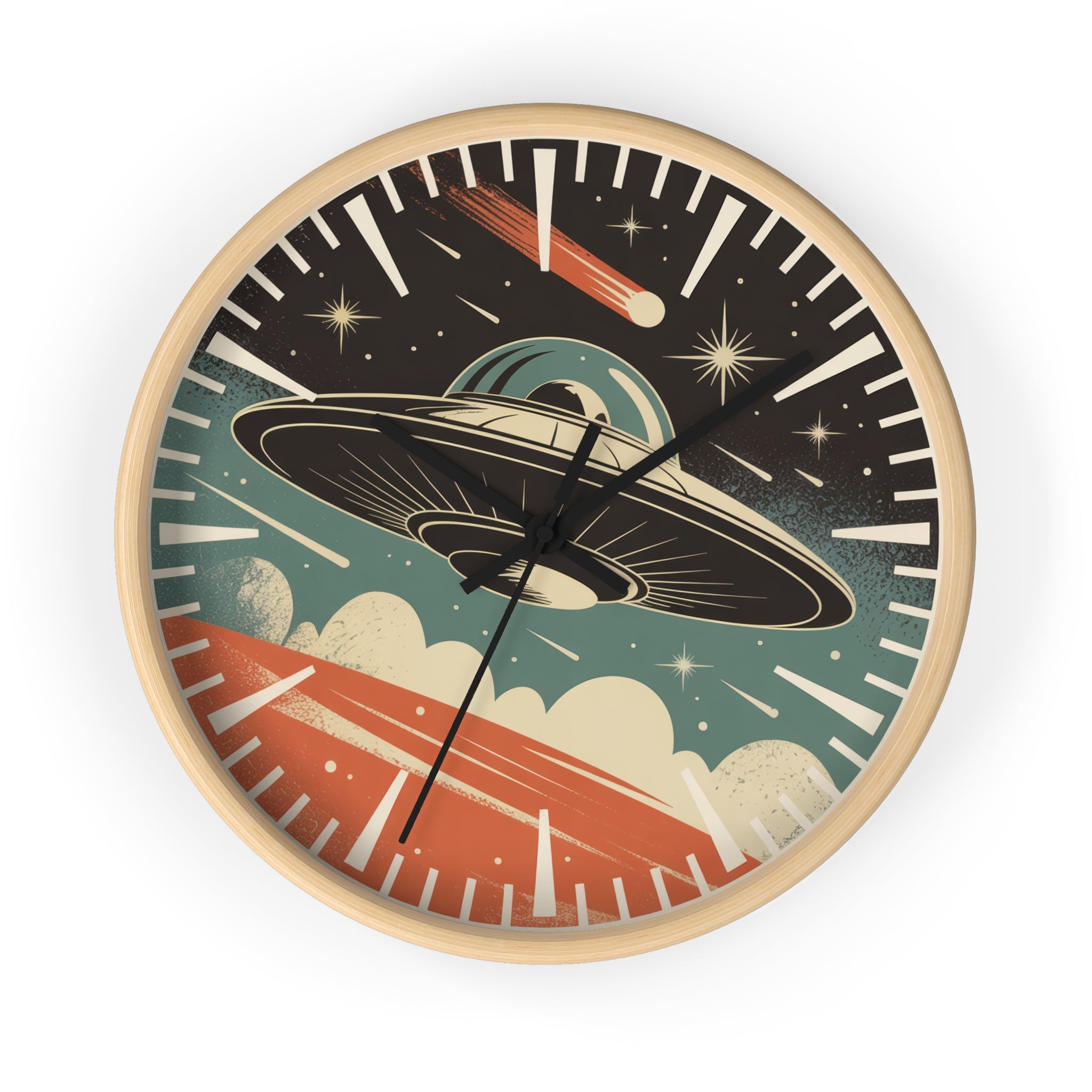 Mid Century Modern Clock, Vintage UFO Wall Clock, Retro Sci Fi Space Decor, 1950s Pulp Magazine Style, Flying Saucer Starburst Clock