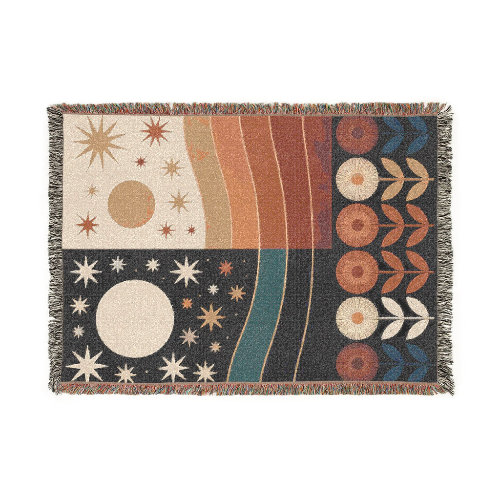 Celestial Sun & Moon Woven Blanket | Retro Desert Stars Mid-Century Boho