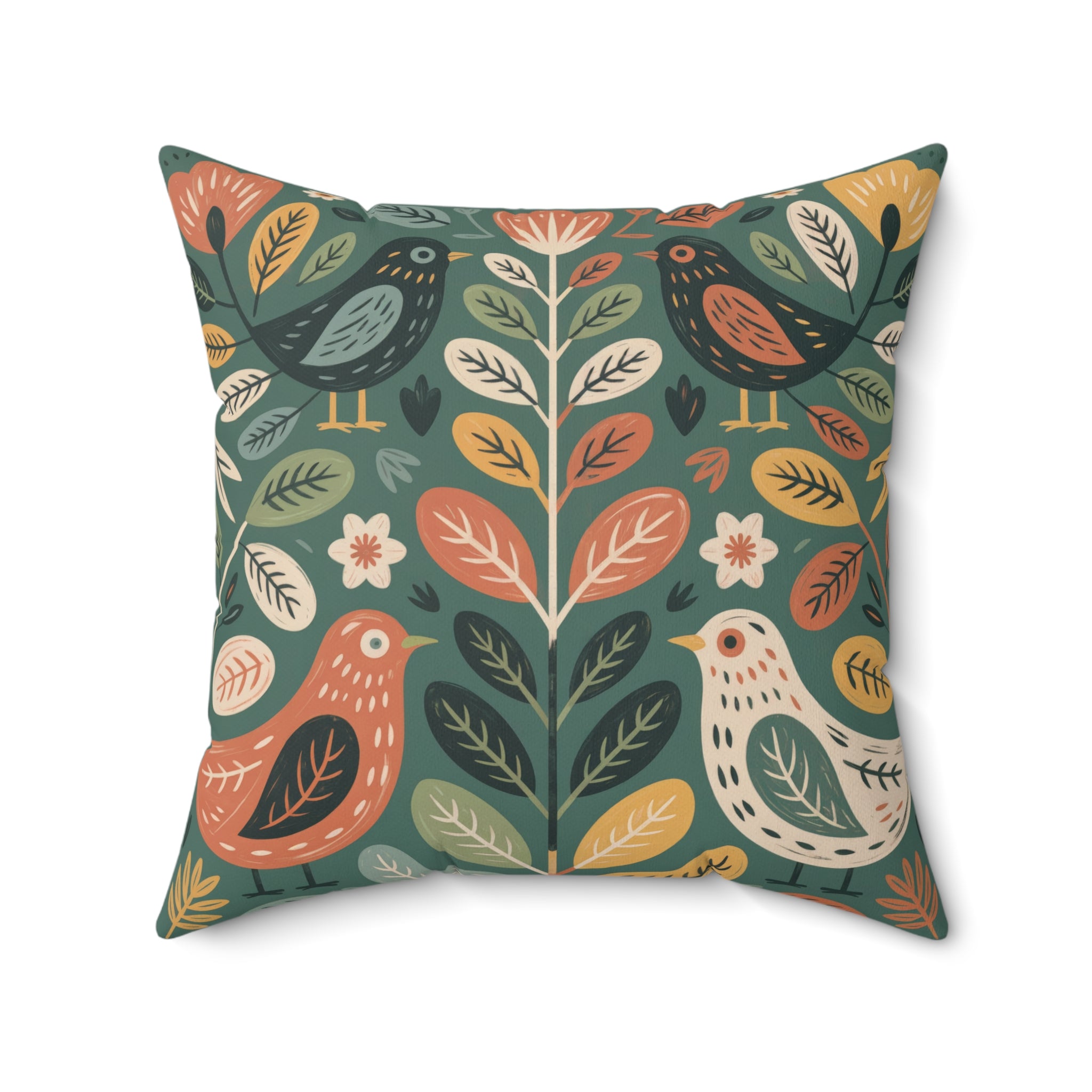 Folk Bird Botanical Throw Pillow, Cottagecore Nature Decor, Decorative Faux Suede Cushion
