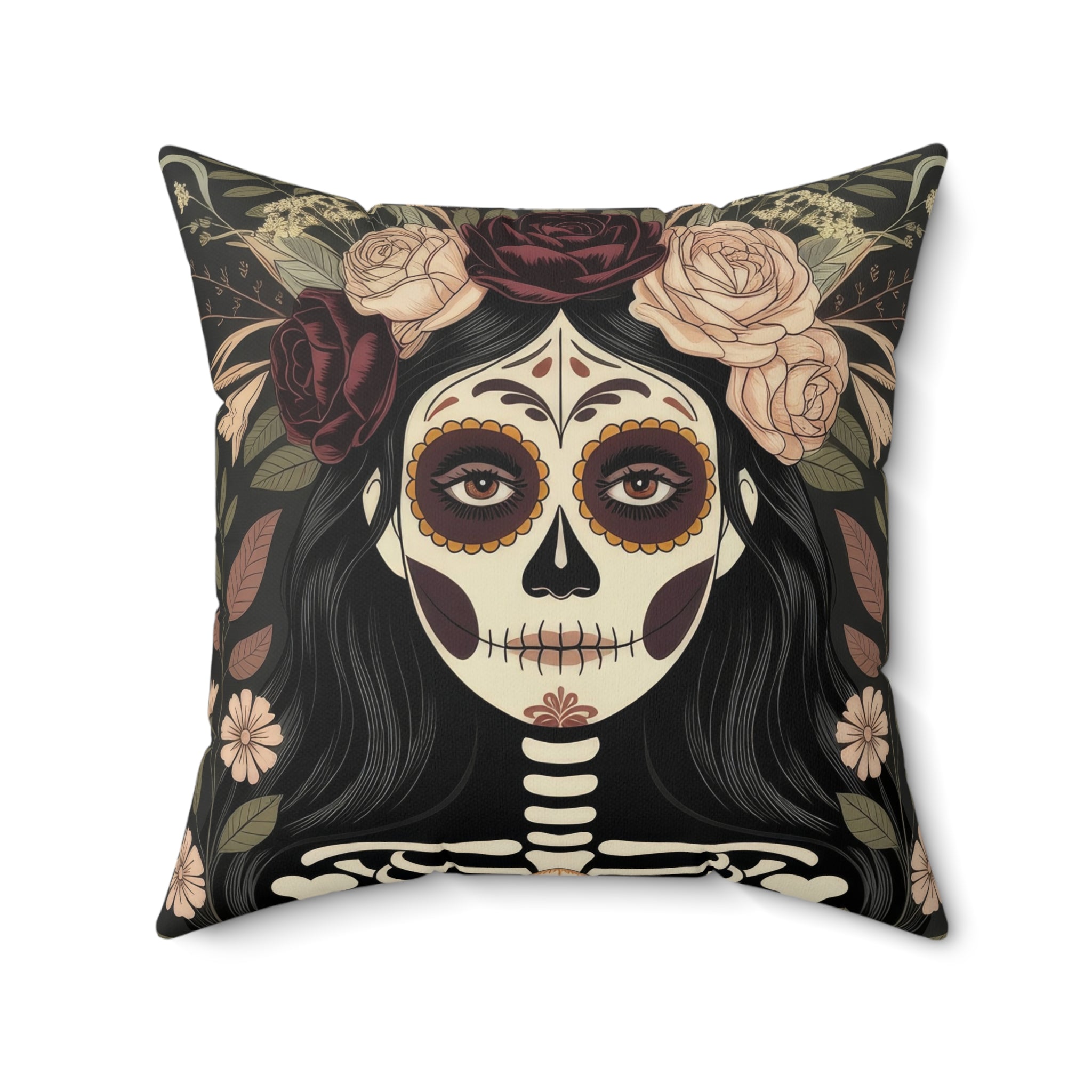 Gothic La Catrina Faux Suede Throw Pillow | Sugar Skull Dia de los Muertos Dark Boho Decor