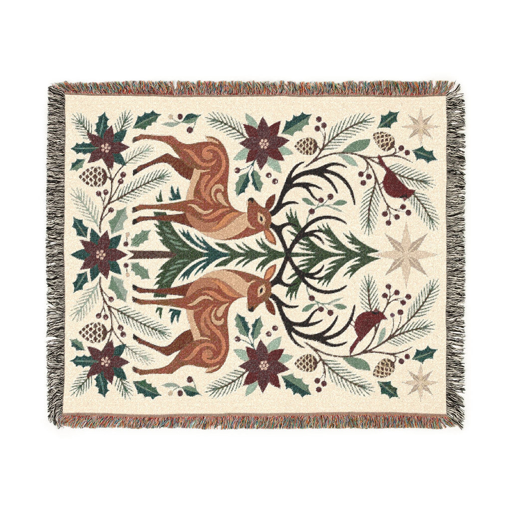 Folk Fox & Floral Woven Blanket | Tapestry Throw