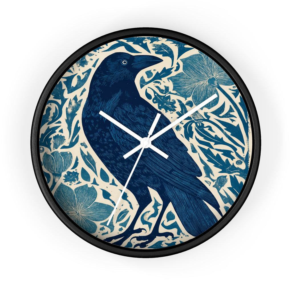 Linocut Raven Floral Wall Clock | Woodblock Style Vine Pattern