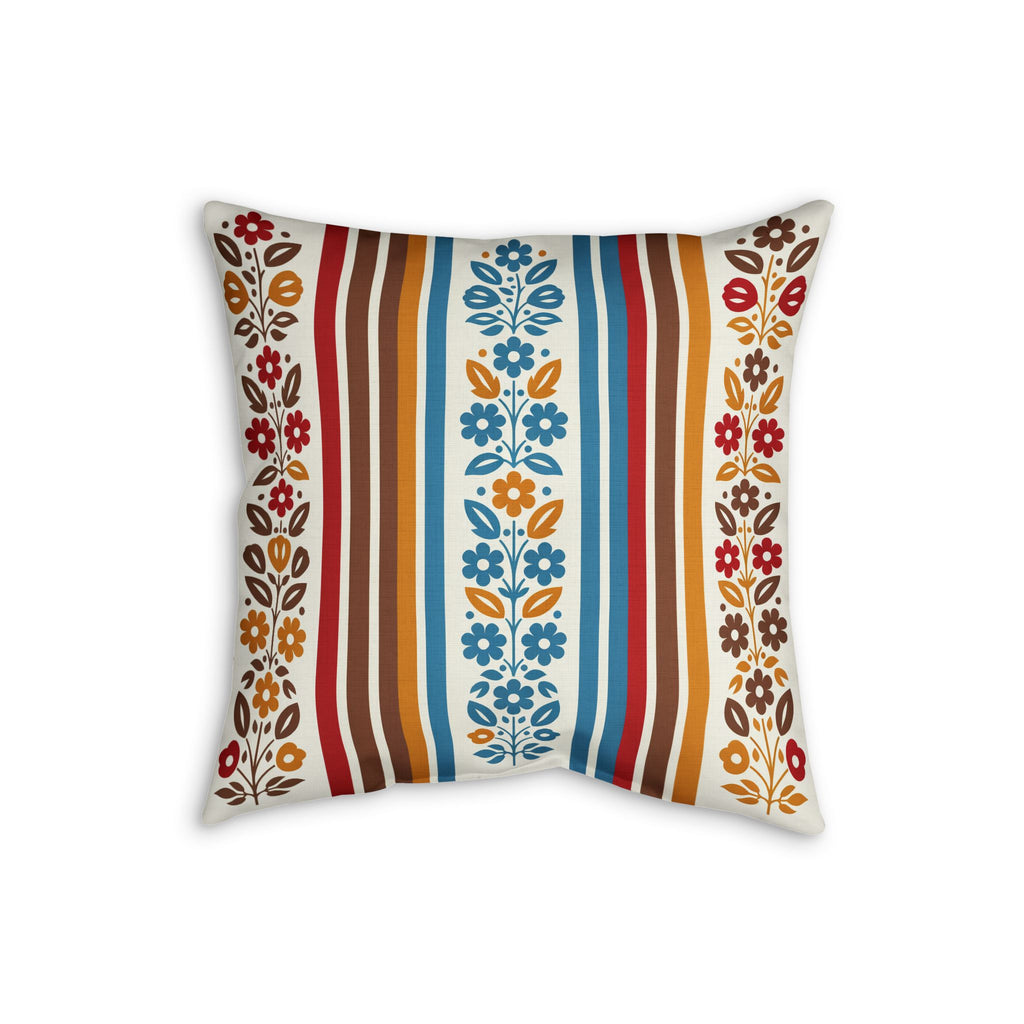 Faux linen pillow with folk florals and retro stripes, alternate view