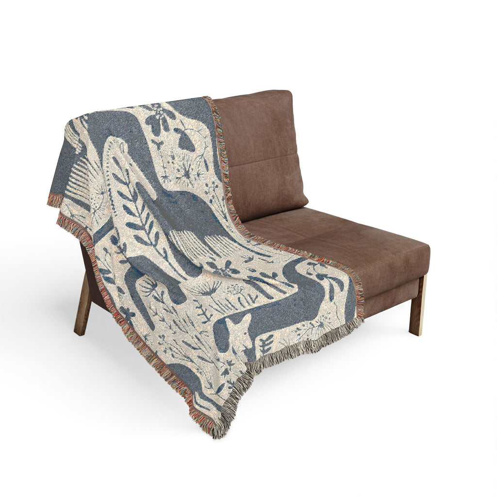 Scandinavian Horse Pattern Woven Blanket | Blue Cream Folk Art Tapestry