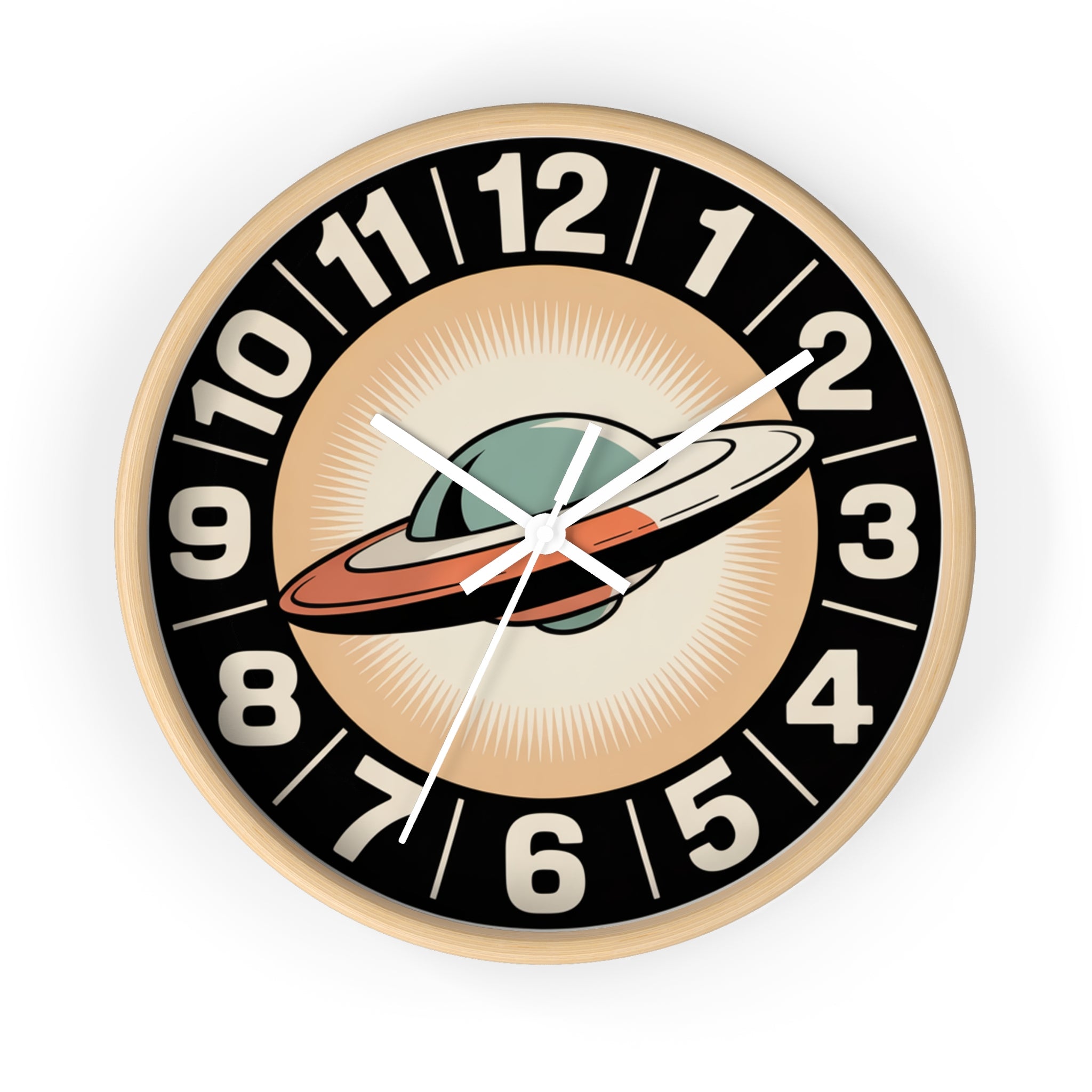 Mid Century Modern Clock, Retro UFO Wall Clock, Space Age Flying Saucer Design, Atomic Starburst Dial, 1950s Sci Fi Decor