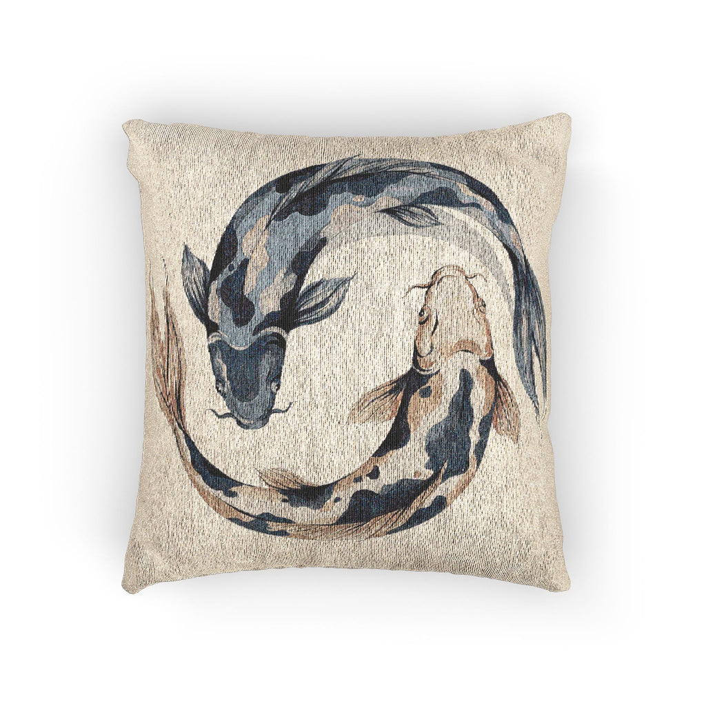 Indigo and tan koi fish woven throw pillow shown from the front
