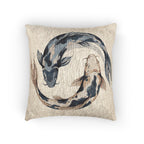 Indigo and tan koi fish woven throw pillow shown from the front
