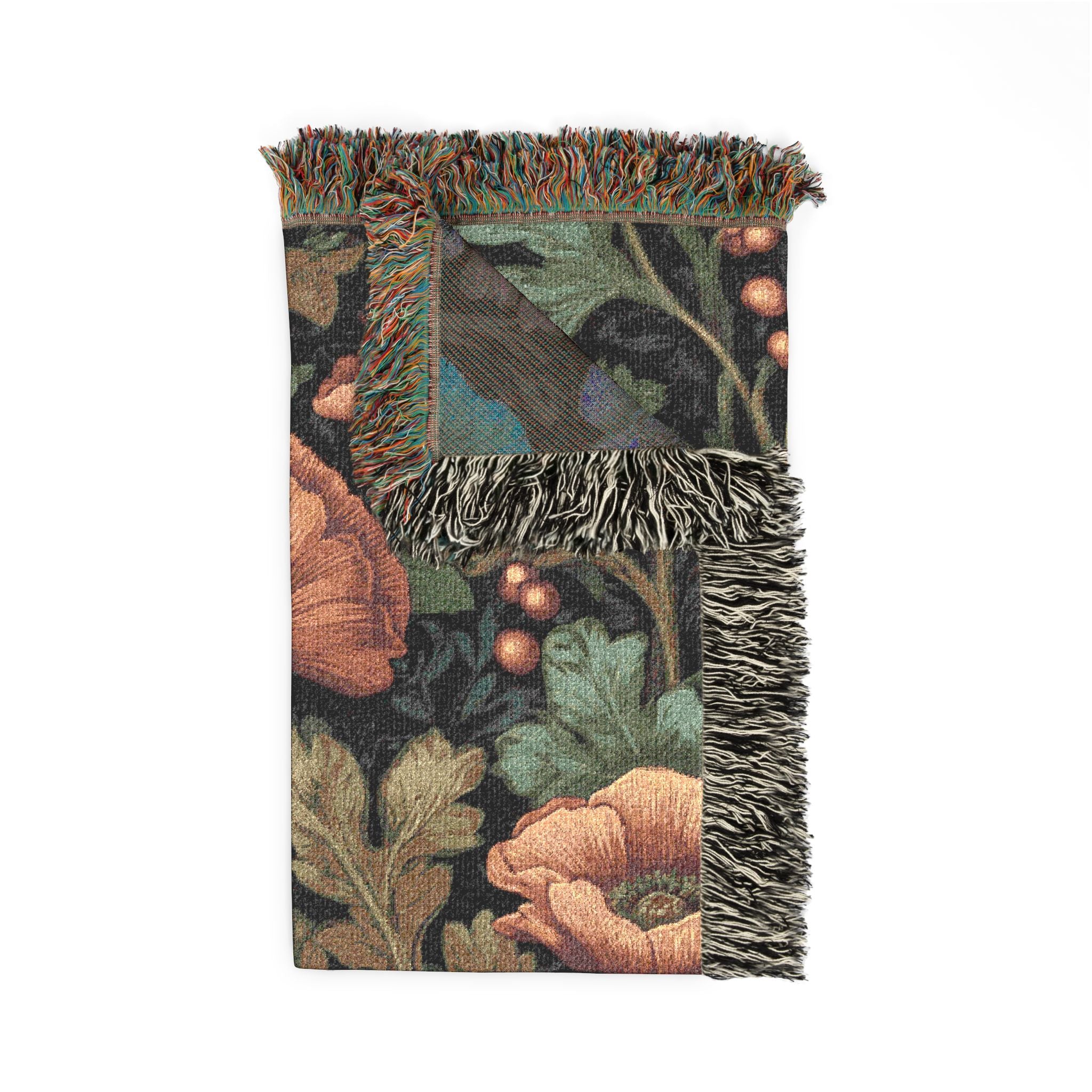 William Morris Poppy Garden Woven Blanket | Coral Orange & Teal Floral Throw