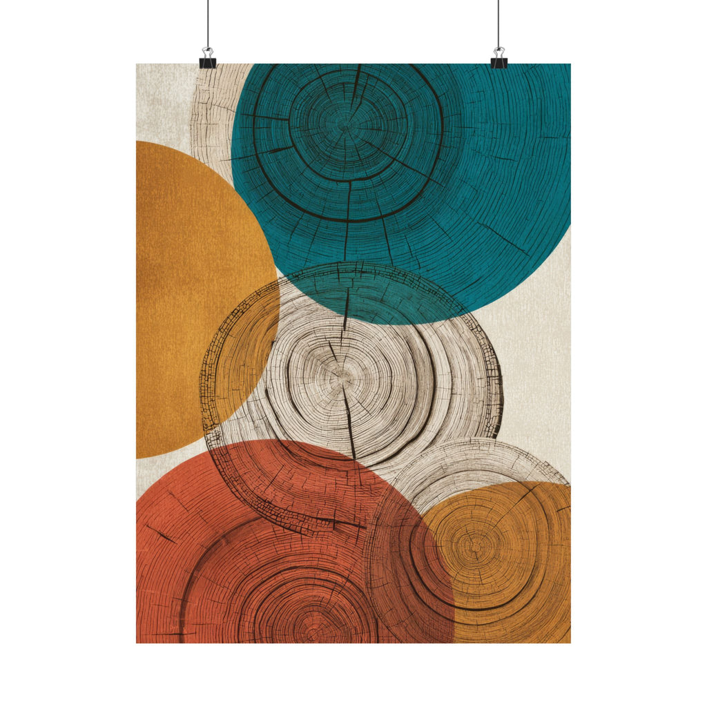Abstract Tree Ring Art Print | Mid Century Modern Wood Grain Poster | Geometric Growth Rings Wall Art | Japandi Teal Mustard Retro Decor