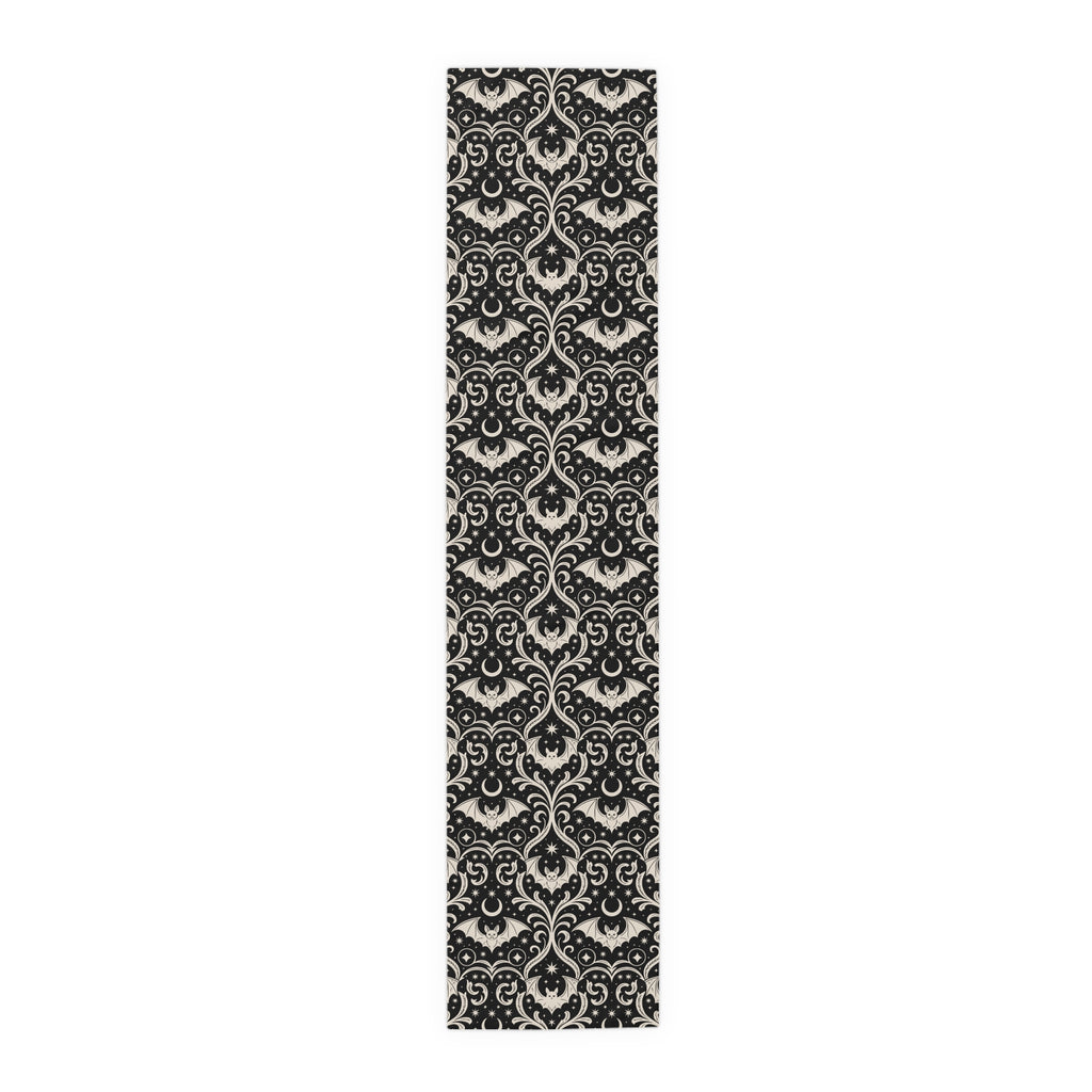 Gothic Bat Damask Table Runner | Black Halloween Table Decor