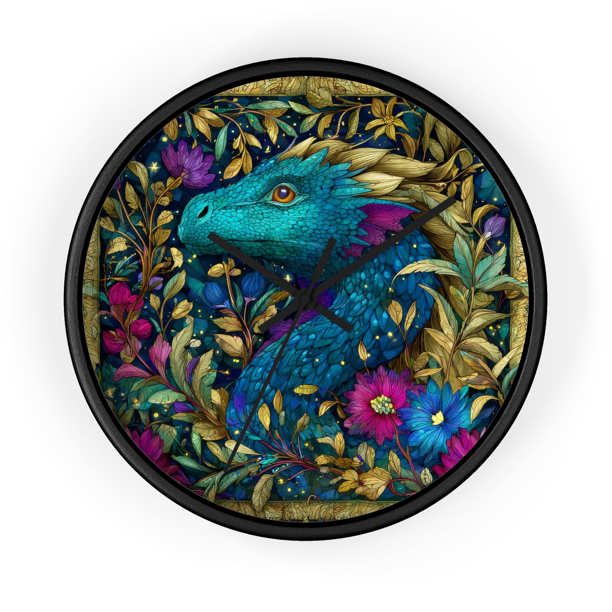 Stained-Glass Dragon Night Garden Wall Clock | Ornate Jewel-Tone Botanical