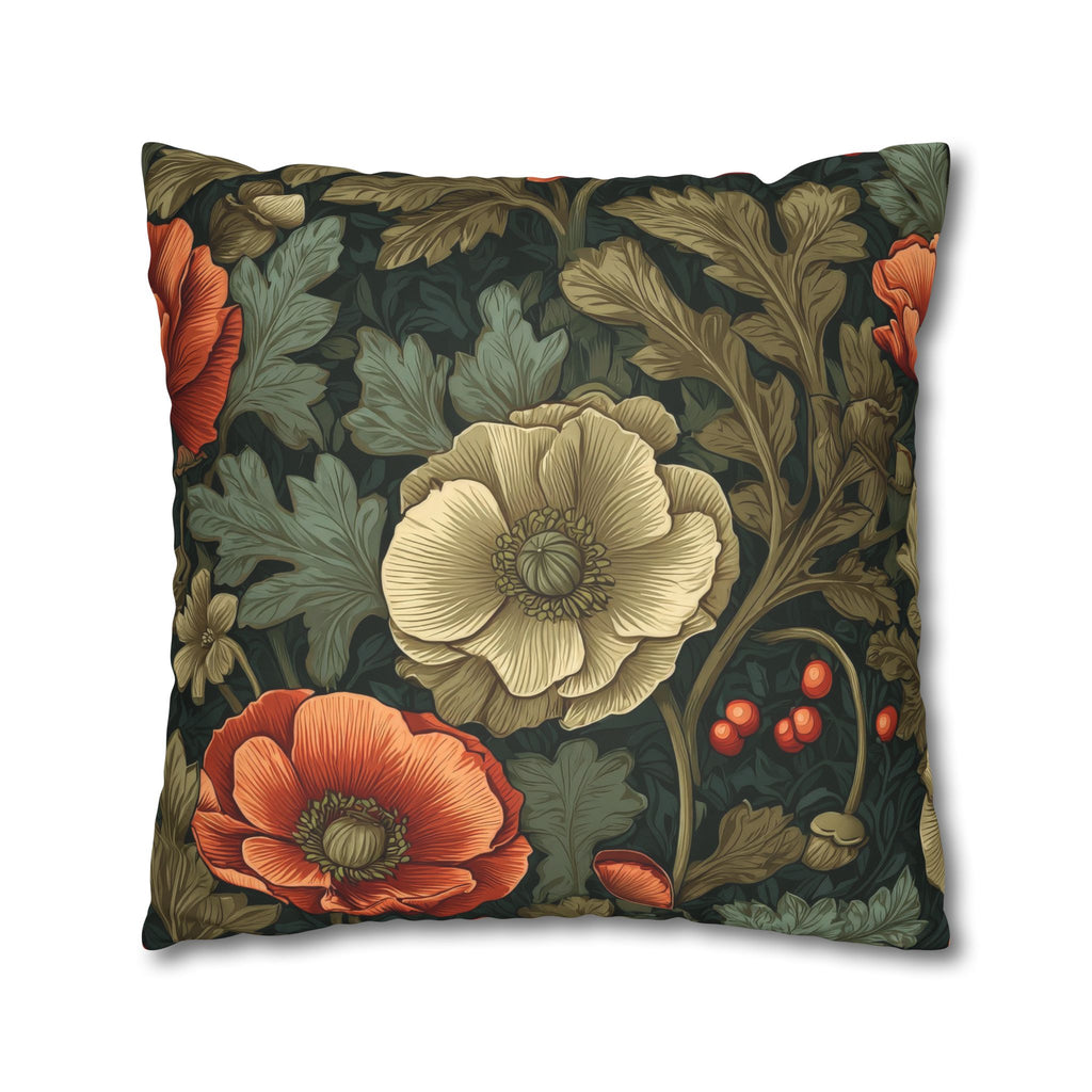 William Morris Inspired Poppy Garden Faux Suede Square Pillowcase
