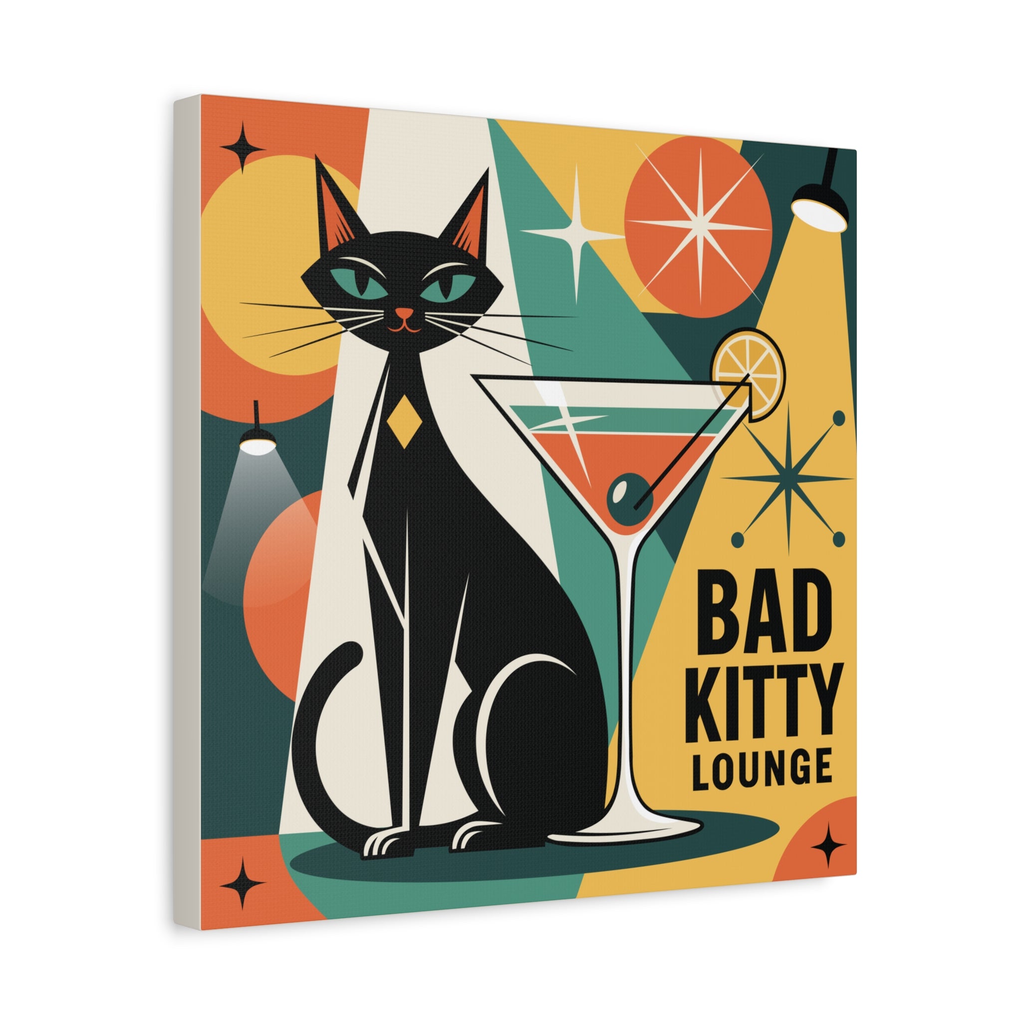 Bad Kitty Lounge Mod Print Canvas | Mid-Century Modern Cat Art, Atomic Age Poster