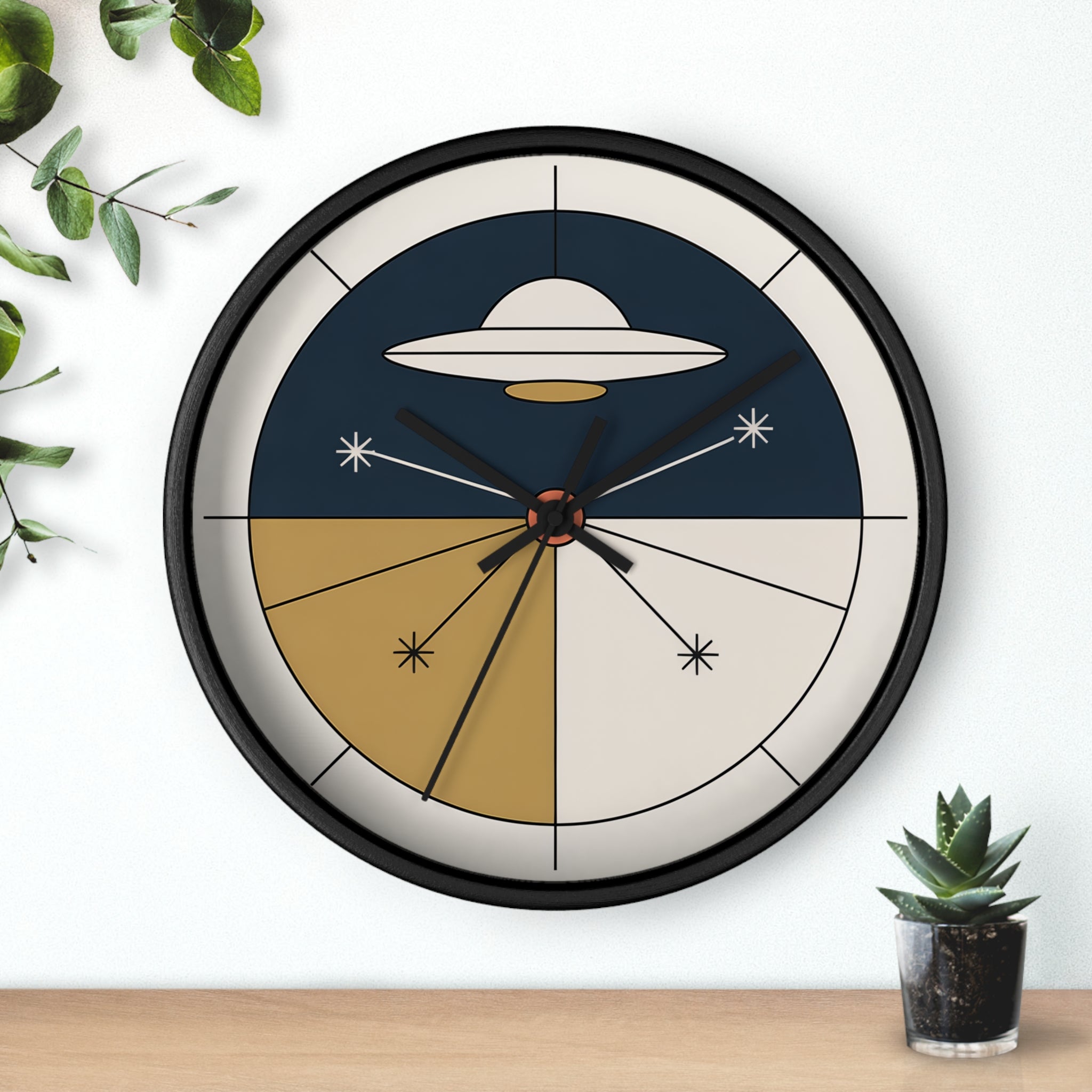 Mid Century Modern Clock, Geometric UFO Wall Clock, Atomic Constellation Design, Minimal Space Age Decor, Navy Cream Brass Clock
