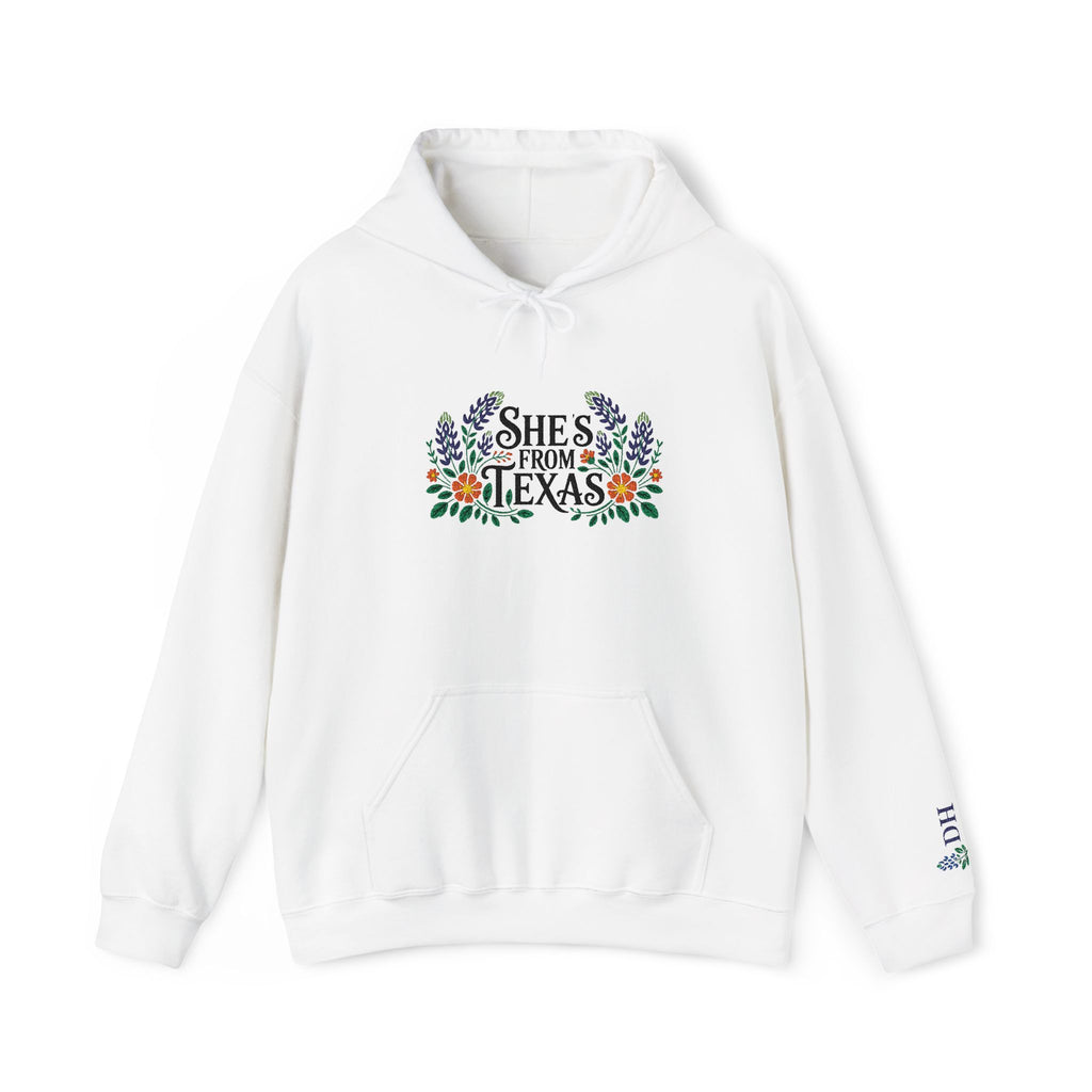 White embroidered She’s From Texas hoodie with bluebonnet florals and personalized sleeve initials