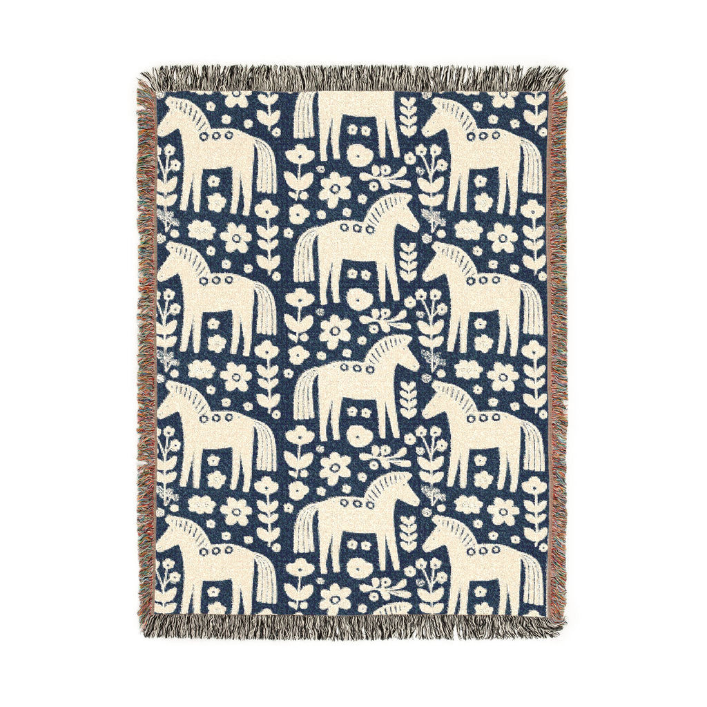 Scandinavian Dala Horse Woven Throw Blanket  | Nordic Folk Art Throw