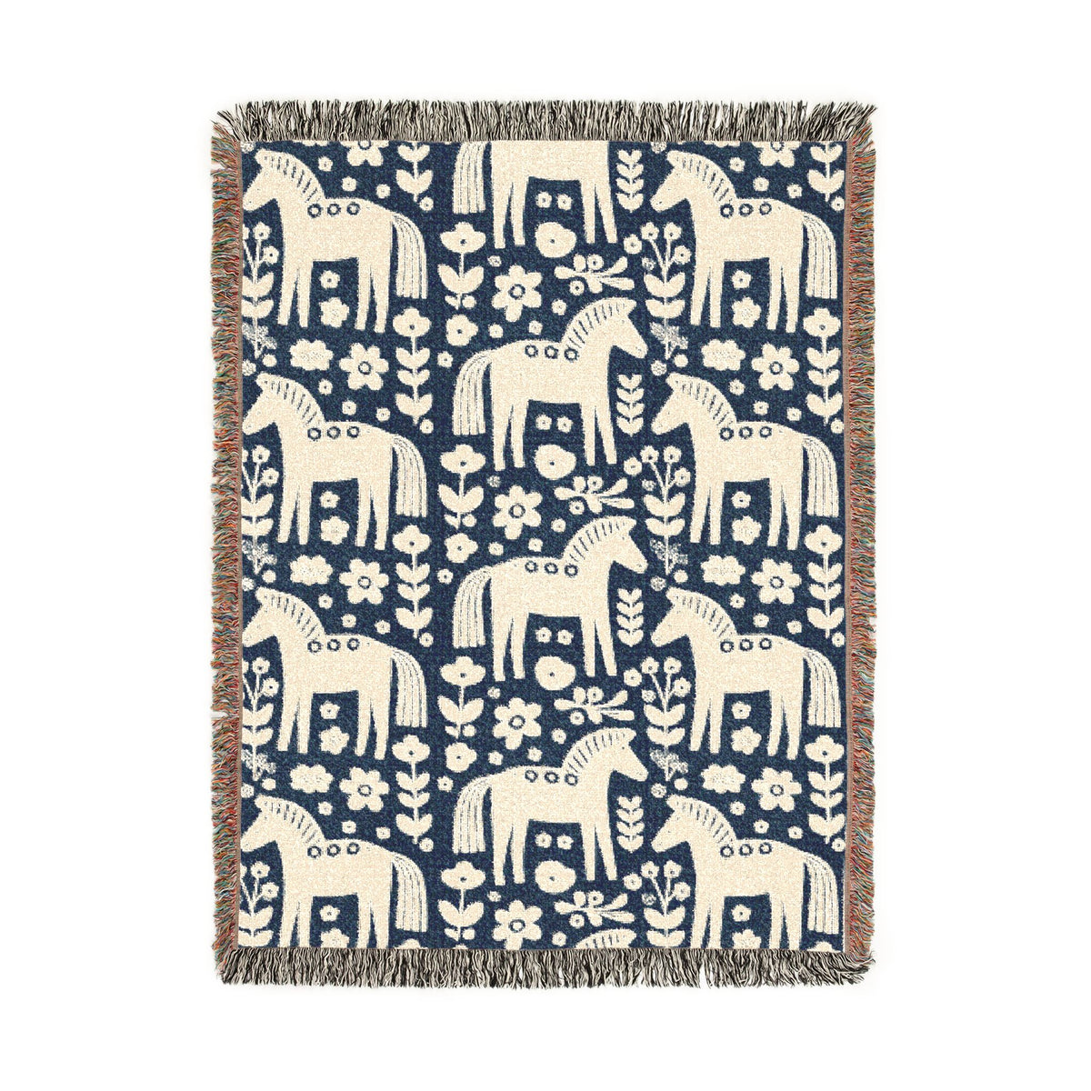 Scandinavian Dala Horse Woven Throw Blanket  | Nordic Folk Art Throw