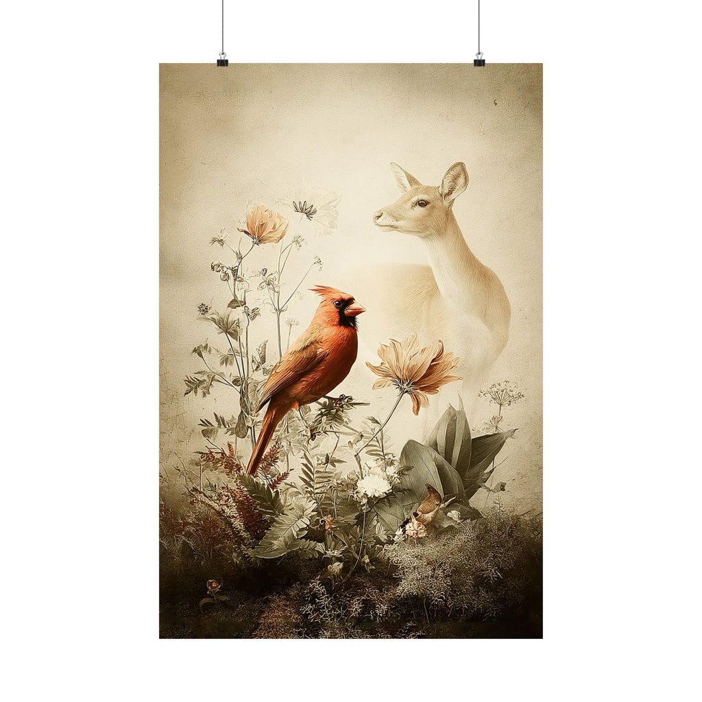 Woodland Cardinal and Doe Poster  | Nature Scene, Floral