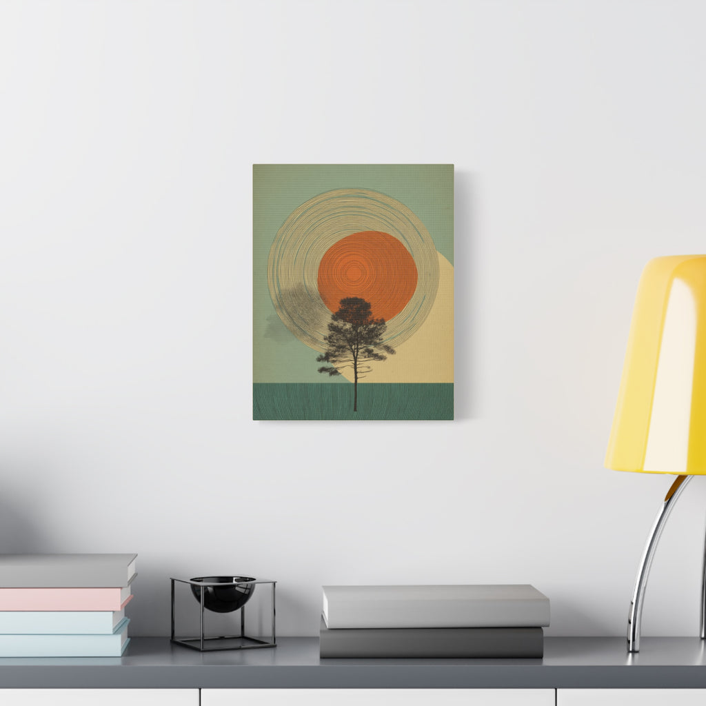 Tree Ring Wall Art | Mid Century Wall Art | Abstract Canvas Of Sun And Tree Nature Landscape