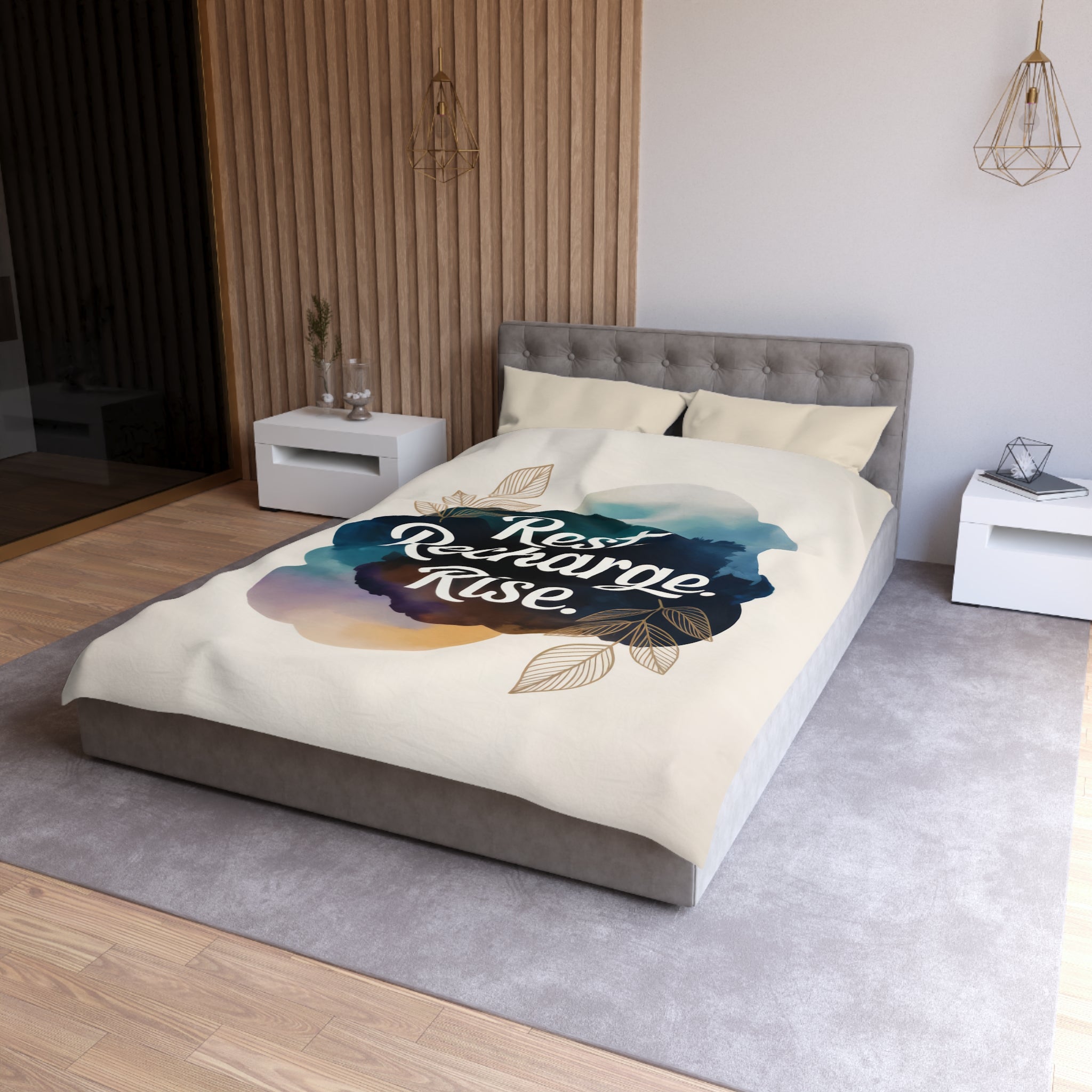Rest Recharge Rise Duvet Cover | Watercolor Motivational Bedding | Navy Blue Botanical Comforter | Boho Decor | Twin XL Queen King