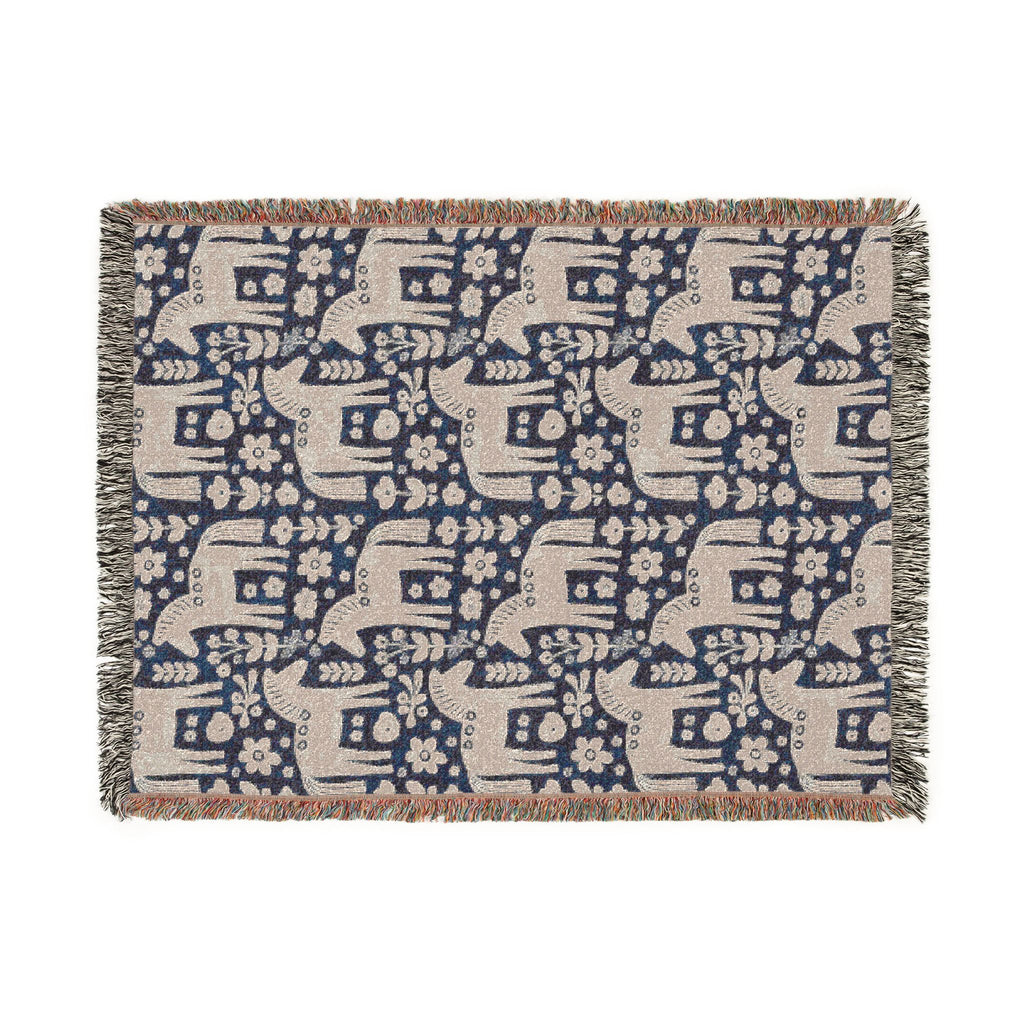 Scandinavian Dala Horse Woven Throw Blanket  | Nordic Folk Art Throw