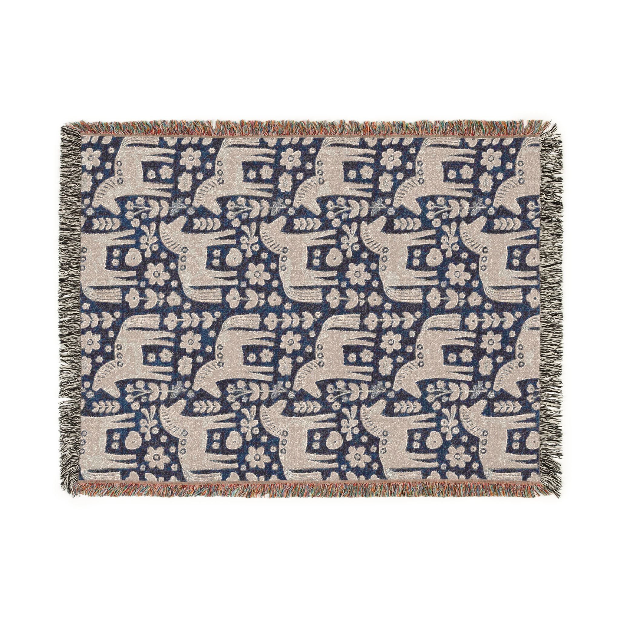 Scandinavian Dala Horse Woven Throw Blanket  | Nordic Folk Art Throw