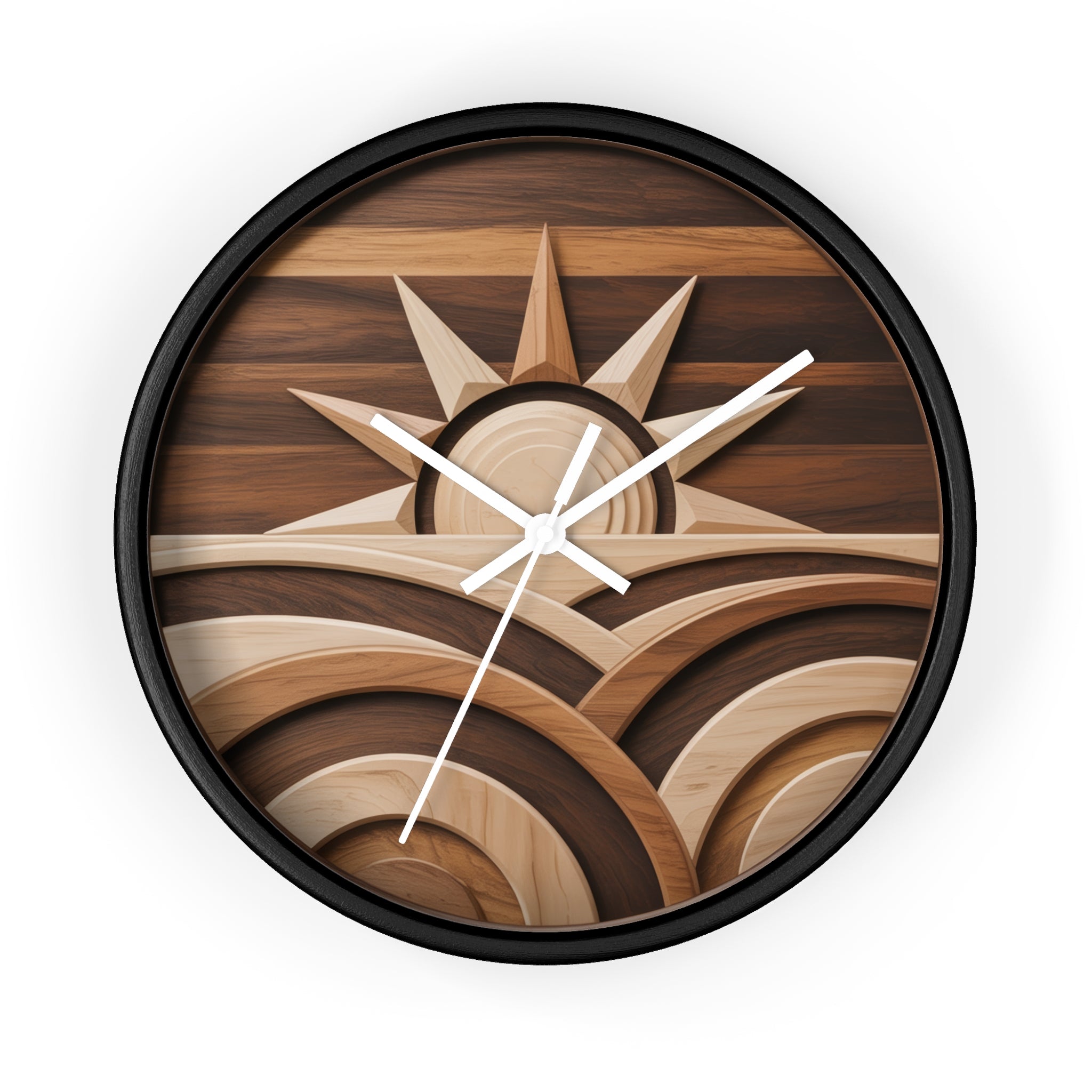 Mid Century Modern Clock Face Art, Geometric Sunrise Over Hills, Marquetry Style, Neutral Scandinavian Decor